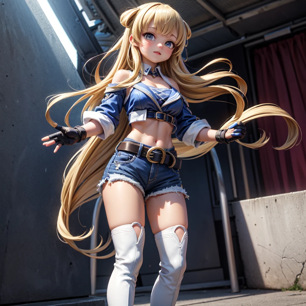 1girl, belt, blonde_hair, blurry, blurry_background, breasts, broken_armor, bruise, building, burnt_clothes, cuts, damaged, depth_of_field, dirty, dirty_clothes, dirty_face, dissolving_clothes, injury, lips, long_hair, looking_at_viewer, medium_breasts, mole, navel, nose, outdoors, scratches, shirt, skirt, solo, torn_bodysuit, torn_clothes, torn_dress, torn_gloves, torn_jacket, torn_jeans, torn_legwear, torn_leotard, torn_panties, torn_pants, torn_shirt, torn_shorts, torn_skirt, torn_sleeves, torn_swimsuit