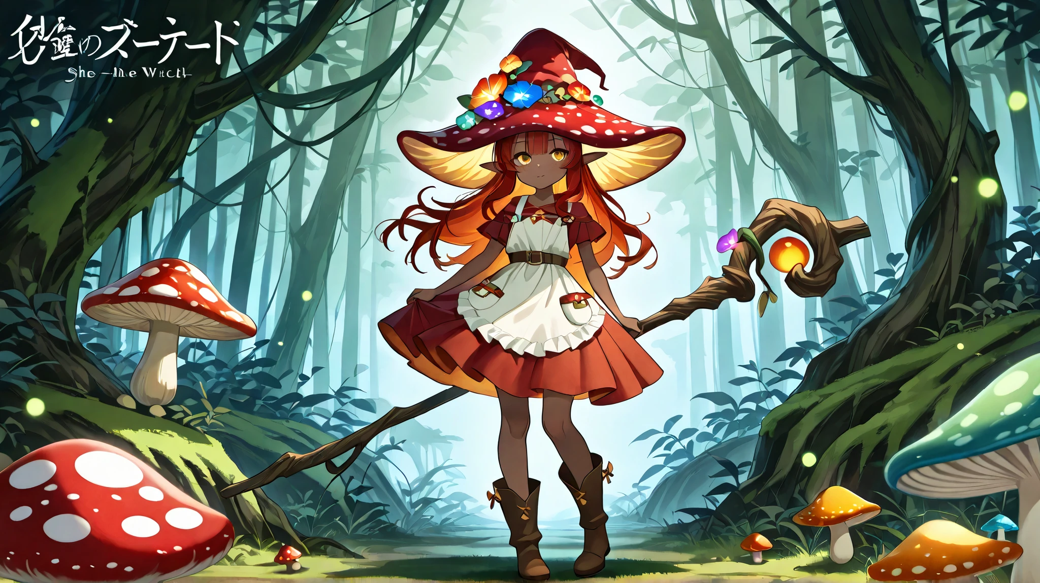 a Fungi Witch with tanned dark skin covered with freckles. Long pointy-ears. She has yellow-amber eyes. She has loose wavy long to her feet fiery-red hairstyle with straight bangs. Per witch dressing set: She wears swampy green medieval dress and an apron with two pockets. she wearing a potion belt with acorns pendants. There is a bag over her shoulder with healing herbs sticking out of it. She has brown pointy-toed witch boots. She wears a red fly Agaric hat on her head. In her hand she holds a staff in the shape of a tree branch overgrown with moss. she slowly walking in the mushroom grove where big mushroom-trees grow everywhere around the blooming swamp, fireflies are flying in the air. Multicolored flowers and mushrooms wich growing around have bioluminescence.