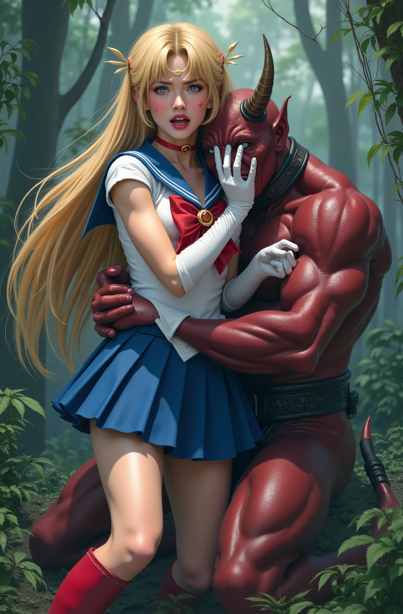 Hyperrealism, masterpiece, highest quality, A young Japanese woman is sitting on the devil lap, ((she is crying and screaming in pain)), tears from her eyes, painful face, she is wearing a Sailor Moon costume, Blue sailor collar, Blue short mini pleated skirt, she is wearing pleated skirt, blue pleated skirt, Long white gloves, shiny beige color pantyhose, red high boots, Exposed thighs, red long boots, big choker, long blonde Hair, a devil is kneeling sexual assault her, the devil is hugging her tightly and touching her leg, the girl push his hand out, in the jungle,
