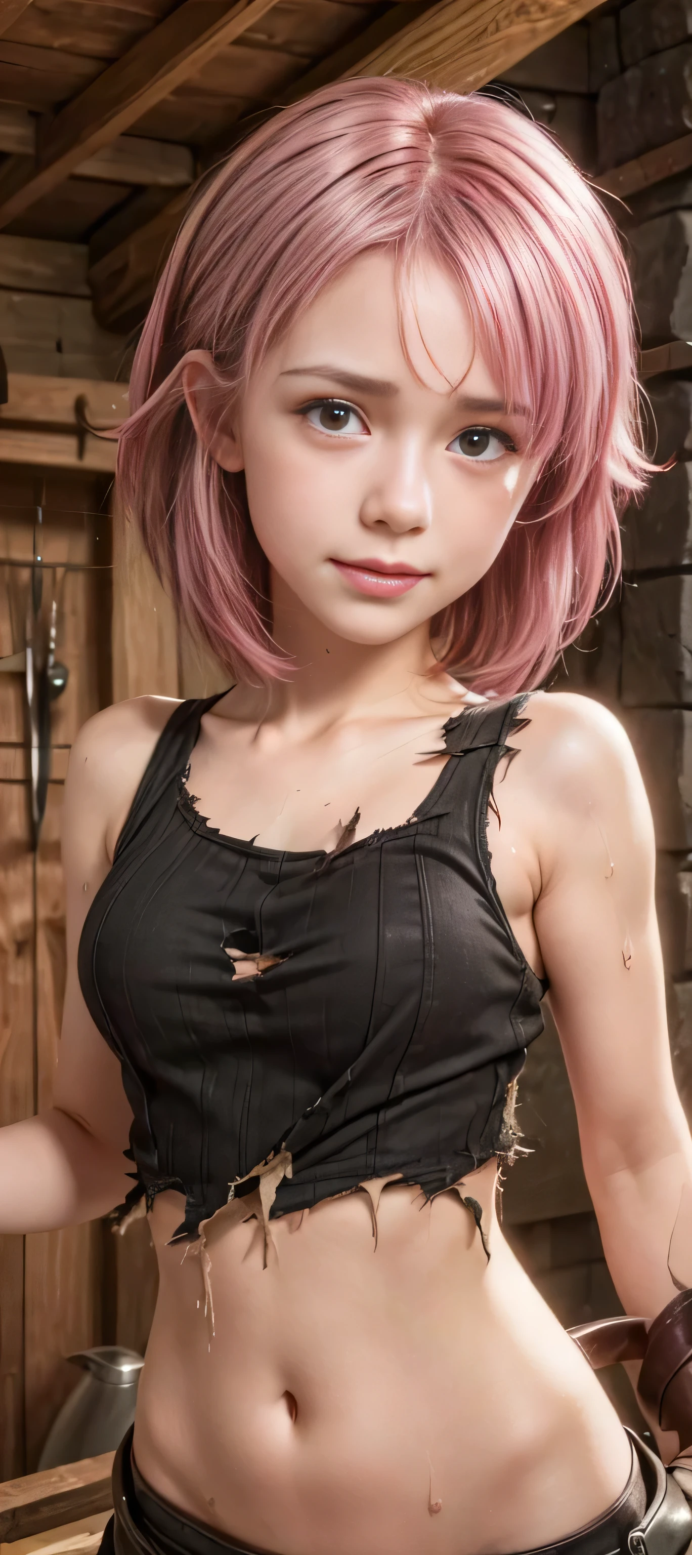 masterpiece, best quality, (realistic,photo-realistic:1.4), (RAW photo:1.2), extremely detailed CG unity 8k wallpaper, delicate and beautiful, amazing,finely detail, official art, absurdres, incredibly absurdres, huge filesize, ultra-detailed,extremely detailed eyes and face,light on face,lisbeth,(little smile),(short hair:1.4),(blacksmith room background:1.4),(sidelocks:1.4),(pink hair:1.4),(wearing torn clothes:1.5),pink eyes,(sweating body:1.5), dirty