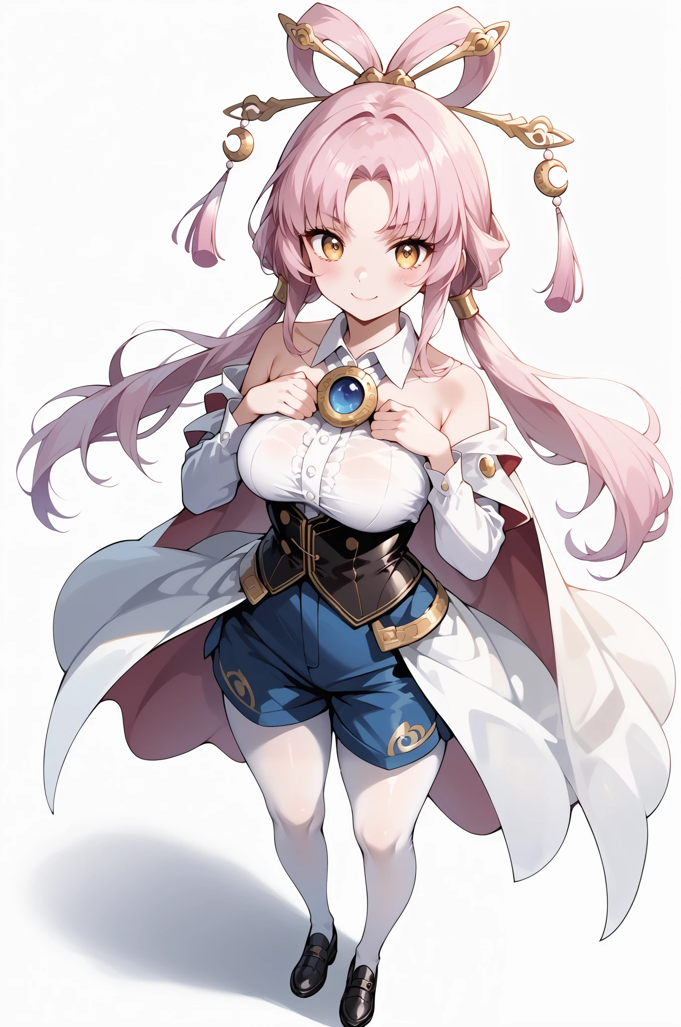 score_9, score_8_up, score_7_up, source_anime, 4K,perfect fingers,(perfect hands, perfect anatomy),prefect lighting, very aesthetic, intricate details,highly detailed background, masterpiece, high quality, best quality,
1girl,solo,fu xuan, pink hair, yellow eyes, bare shoulders, parted bangs, twin tails, bow-shaped hair, low twintails,Large Breast,
wearing ((collared cape, long sleeves, shorts, white pantyhose, white shirt, )),,
((White plain background:1.5)) , looking at viewer, (perfect hands, perfect anatomy), fullbody,Stand up, ((((((pov from above))))), cowboy Shot, shy smiley face, smiles shyly, (((fashion show pose))),