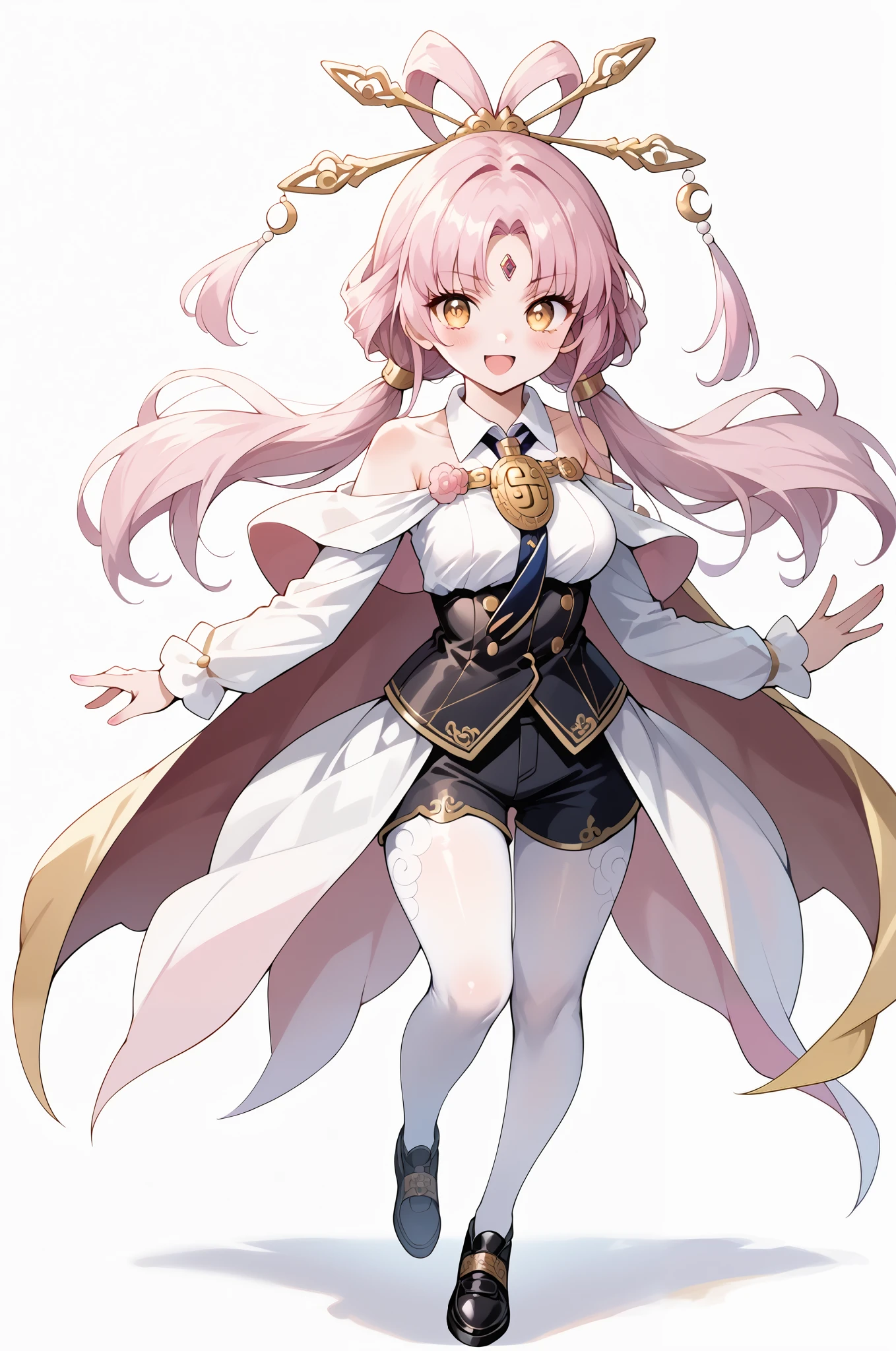 score_9, score_8_up, score_7_up, source_anime, 4K,perfect fingers,(perfect hands, perfect anatomy),prefect lighting, very aesthetic, intricate details,highly detailed background, masterpiece, high quality, best quality,
1girl,solo,fu xuan, pink hair, yellow eyes, bare shoulders, parted bangs, twin tails, bow-shaped hair, low twintails,Large Breast,
wearing ((collared cape, long sleeves, shorts, white pantyhose,  white shirt,   )),,
((White plain background:1.5)) , looking at viewer,  (perfect hands, perfect anatomy), fullbody,Stand up, ((((((pov from above))))), cowboy Shot, shy smiley face, smiles shyly, (((fashion show pose))),