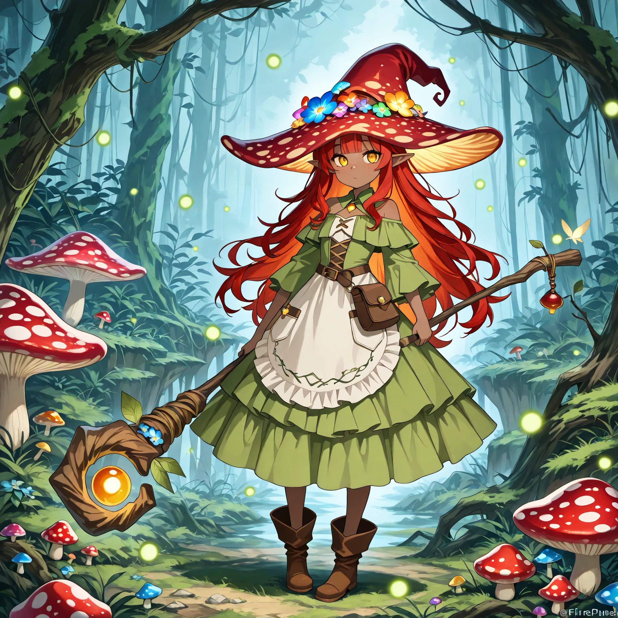 a Fungi Witch with tanned dark skin covered with freckles. Long pointy-ears. She has yellow-amber eyes. She has loose wavy long to her feet fiery-red hairstyle with straight bangs. Per witch dressing set: She wears medieval swampy green dress and an apron with two pockets. she wearing a potion belt with acorns pendants. There is a bag over her shoulder with healing herbs sticking out of it. She has brown pointy-toed witch boots. She wears a red fly Agaric hat on her head. In her hand she holds a staff in the shape of a tree branch overgrown with moss. she slowly walking in the mushroom grove where big multicolor mushroom-trees grow everywhere around the blooming swamp, fireflies are flying in the air. Multicolored flowers and mushrooms wich growing around have bioluminescence.