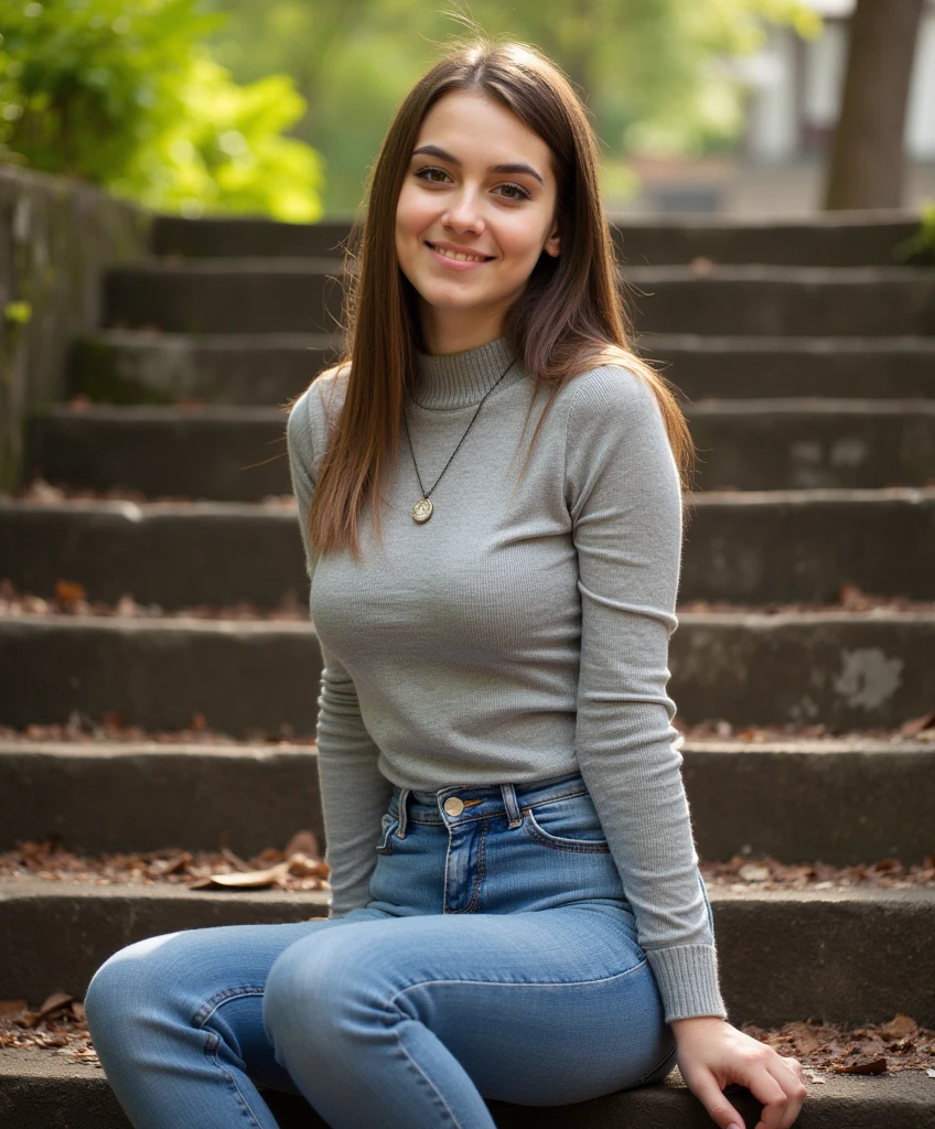 r1l33,1girl, brown eyes, brown hair, smile, ((dental braces on teeth)), freckles, long hair, outdoors, (masterpiece:1.3),(best quality:1.3),8k, highestres, absurdres, perfect composition, delicate, realistic proportions, ultra sharp, beautiful, stunning beauty, beautiful detailed eyes, textured skin, perfect face, Canon50, perfect shadows, wearing a tight Red cableknit sweater and really tight blue demim jeans, sneakers, medium breasts,