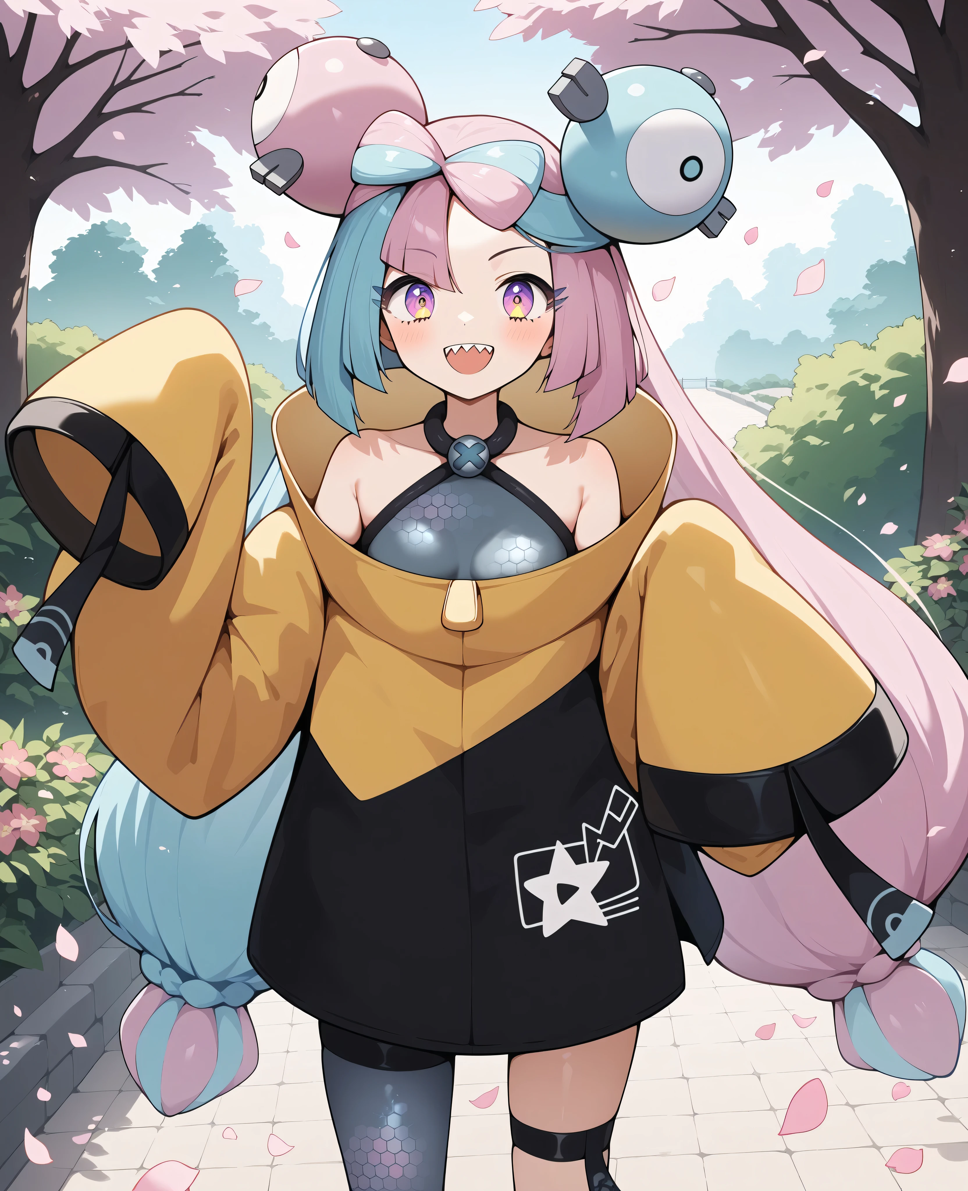 score_9, score_8_up, score_7_up, score_6_up, score_5_up, score_4_up, source_anime, aaiono , long hair, multicolored hair, Bow-shaped hair, hair ornaments close to the garden, gradation eye, sharp teeth, halter neck, sleeveless, yellow jacket, very long sleeve, Wrist Sleeves , thigh strap, single leg pantyhose, Grey Pantyhose, standing, cowboy shooting, reach, outdoor, Park, petals, smile, open your mouth,