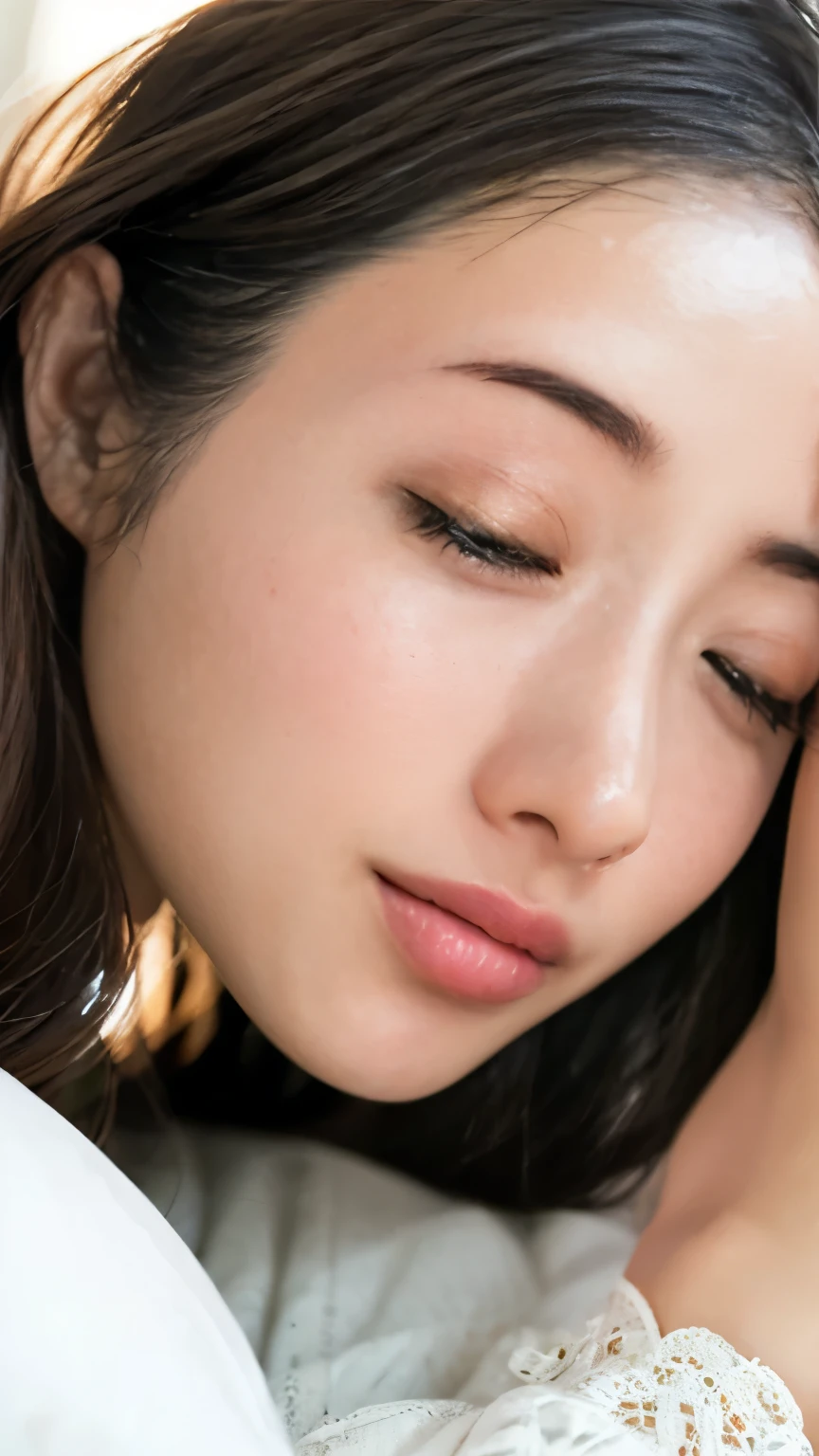 she asks for a kiss, accurate, nsfw, Super Detail, advanced details, high quality, 最high quality, 16k, Perfect Anatomy, (( front view, upper body)), Ultra High Resolution Hair , bob hair, detailed face, realistic textured skin, focus on the face, (( completely closes the eyes 、Close your eyelids)), ((sleeping expression 、 face waiting for a kiss:1.5)), Broken Lips