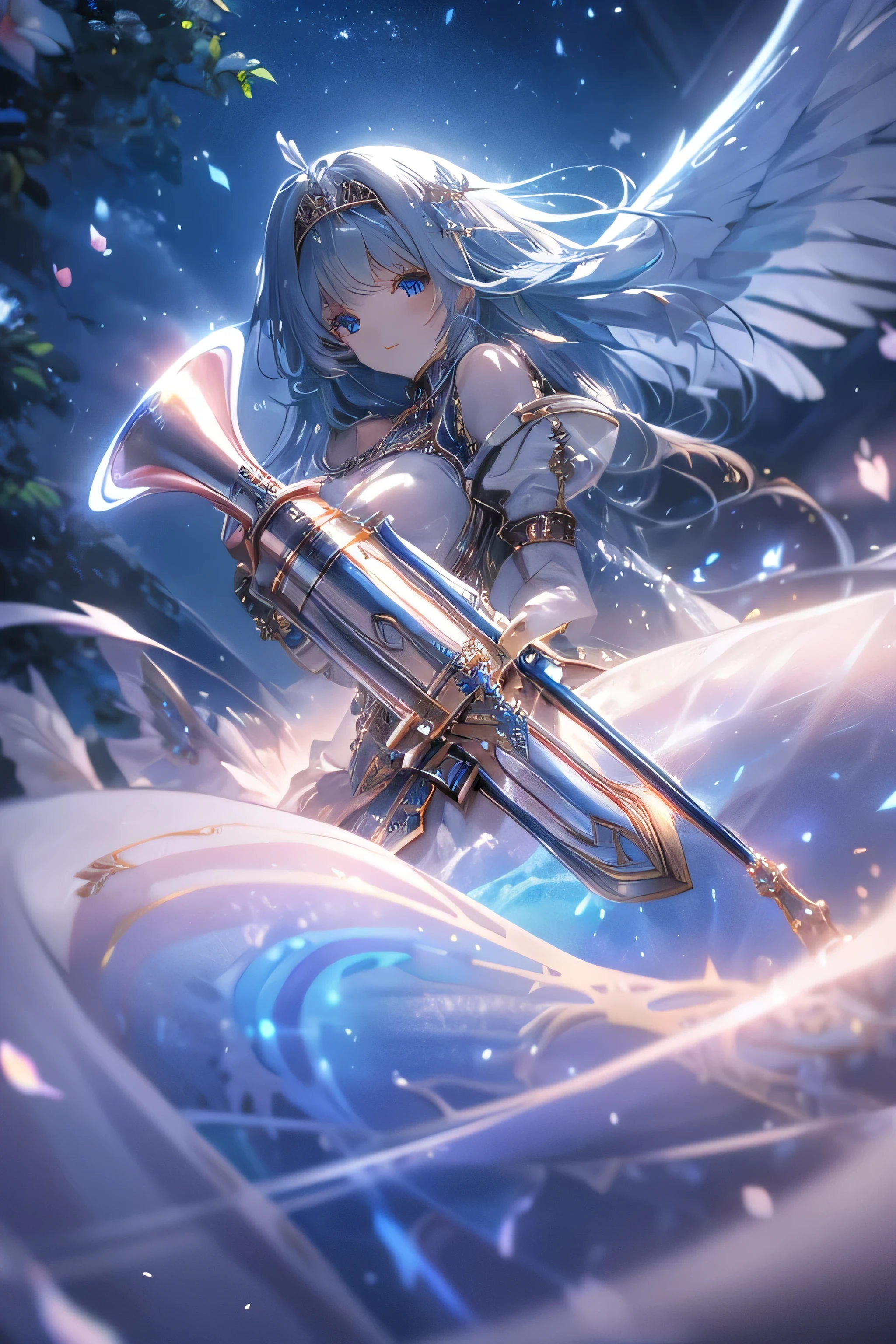 (((SFW、Highest quality、 A first-class masterpiece 、 Normal Body 、8k、 detailed face 、 very accurate、 in a steel factory 、5See also、Highest))) 、blue eyes、 Blue Hair 、 long hair、 short、Big Breasts、 slender、 slim 、pink heart dirty belly print、 muscle exposure、 Half naked 、ultra thin transparent pure white dress、Ultra Thin Transparent Pure White Mini Skirt、 Slave's Iron Collar 、Holding a trumpet、 Heavenly Wings、 where I lived 、moon、null、null in、 sacred、Goddess of Unity,Hi-Res, Highest品質,