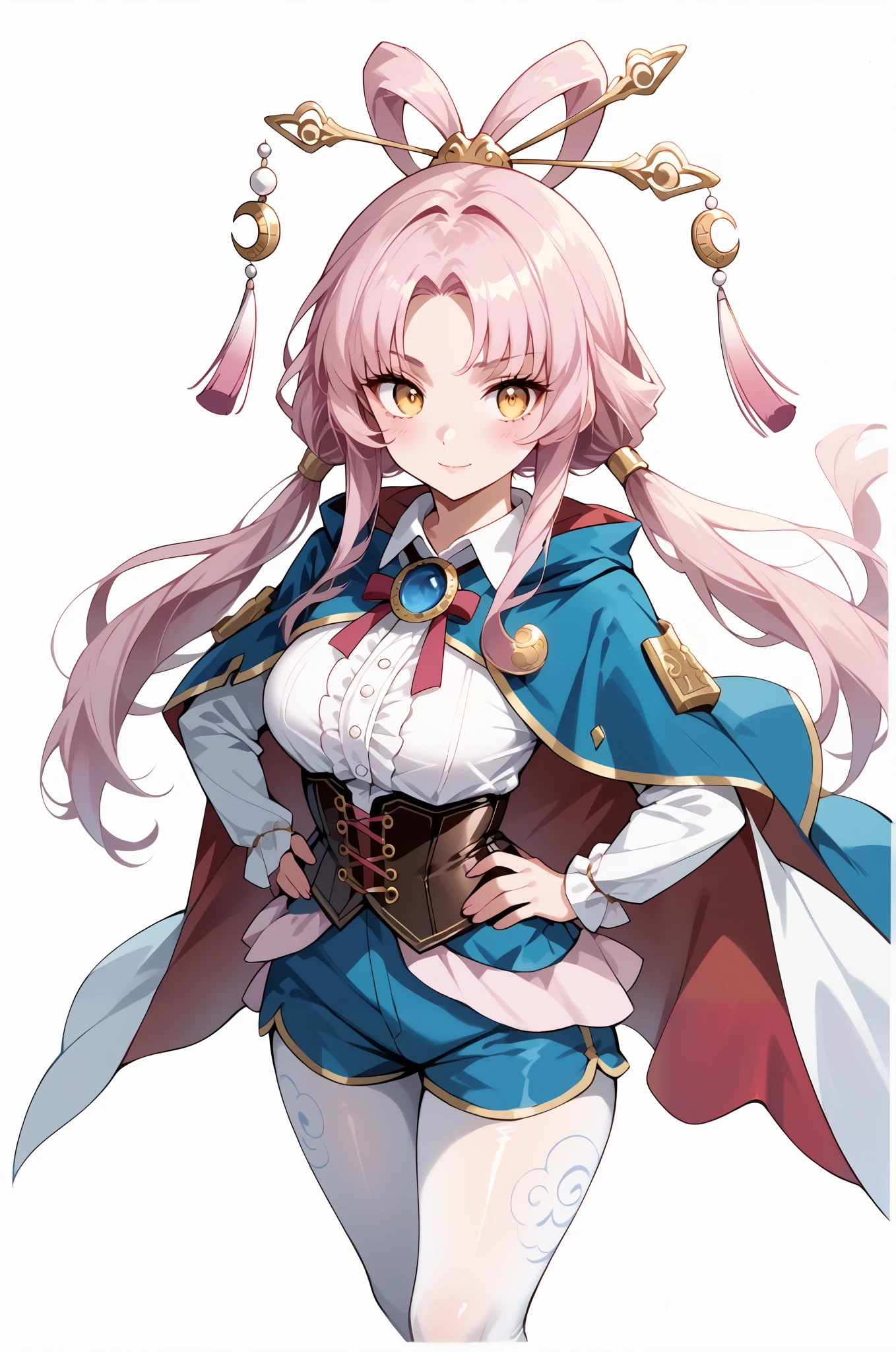 score_9, score_8_up, score_7_up, source_anime, 4K,perfect fingers,(perfect hands, perfect anatomy),prefect lighting, very aesthetic, intricate details,highly detailed background, masterpiece, high quality, best quality,
1girl,solo,fu xuan, pink hair, yellow eyes, bare shoulders, parted bangs, twin tails, bow-shaped hair, low twintails,Large Breast,
wearing ((collared cape, long sleeves, shorts, white pantyhose, white shirt, corset, frilled sleeves, )),,
((White plain background:1.5)) , looking at viewer, (perfect hands, perfect anatomy), fullbody,Stand up, ((((((pov from above))))), cowboy Shot, shy smiley face, smiles shyly, (((fashion show pose))), (((emphasized one armpit))),put her hands on own hips,