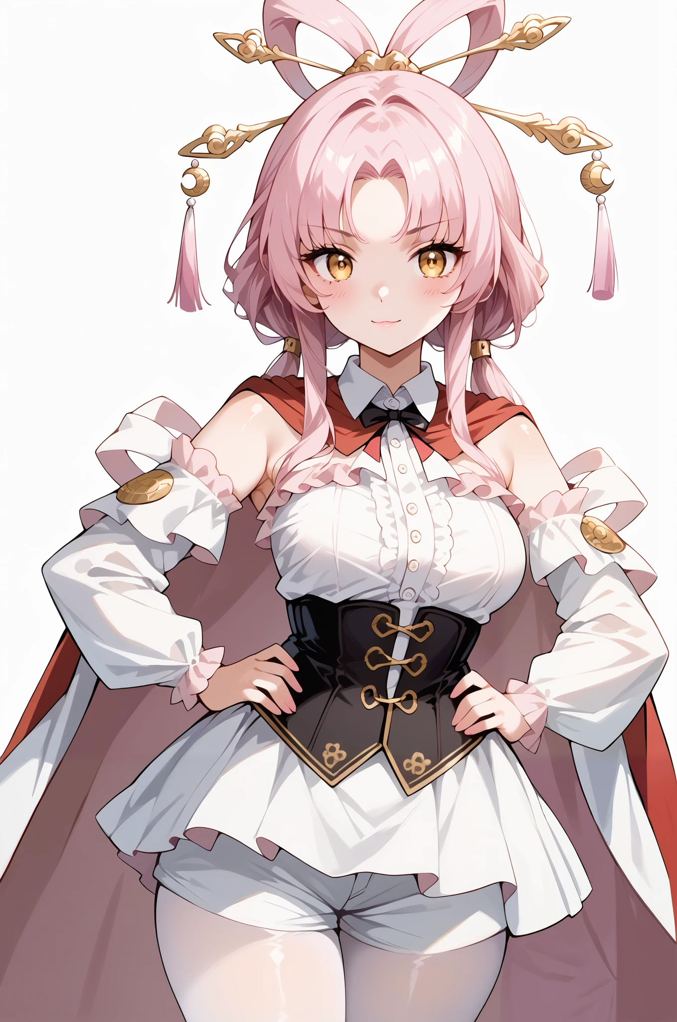 score_9, score_8_up, score_7_up, source_anime, 4K,perfect fingers,(perfect hands, perfect anatomy),prefect lighting, very aesthetic, intricate details,highly detailed background, masterpiece, high quality, best quality,
1girl,solo,fu xuan, pink hair, yellow eyes, bare shoulders, parted bangs, twin tails, bow-shaped hair, low twintails,Large Breast,
wearing ((collared cape, long sleeves, shorts, white pantyhose, white shirt, corset, frilled sleeves, )),,
((White plain background:1.5)) , looking at viewer, (perfect hands, perfect anatomy), fullbody,Stand up, ((((((pov from above))))), cowboy Shot, shy smiley face, smiles shyly, (((fashion show pose))), (((emphasized one armpit))),put her hands on own hips,
