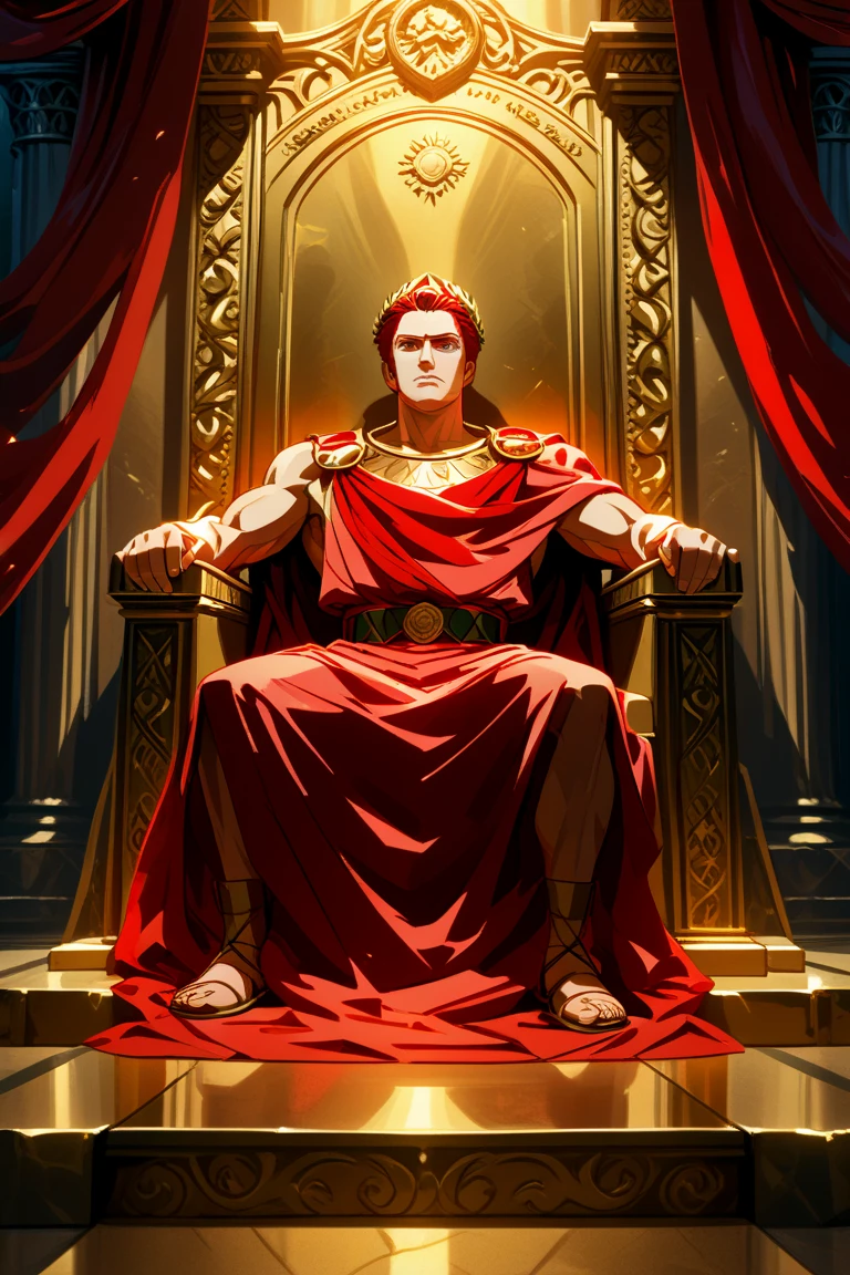 mascle,A magnificent king sitting on the throne, europeu,face detailed, (work of art, best qualityer), king of ancient Greece, king of Mycenae, 30 years old man, seated on his grand throne, with an ancient Greek crown on his head, wearing red clothes. Beside him are two Greek warriors wearing the uniform of the Mycenaeans to protect him.