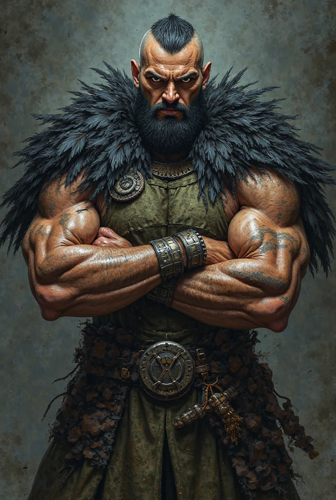 A half orc man, barbarian, of 180 cm, short black hair, thick pale skin, amber brown eyes cut scar above his right eye, defined muscle but not too big, bear skin clothes, several scars on his body written words "Peace", with a two-handed longsword on his back