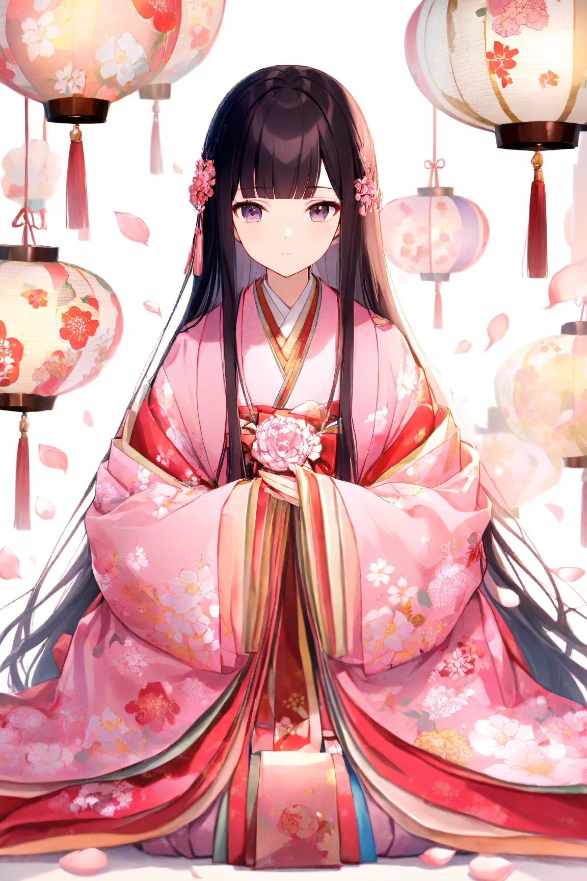 (masterpiece:1.2), (best quality:1.2), (very aesthetic:1.2), (absurdres:1.2), ultra-detailed,extremely detailed,beautiful,extremely detailed CG,ultra detailed background, 8k,16k,perfect hair, perfect fingers,
BREAK,
a girl's doll,(solo),beautiful,expressionless, mouth closed, (blunt bangs), black hair,long hair, blunt ends,((forehead)), black eyes,(pink kimono with floral pattern),((dark red haori with floral pattern)),smiling,((peach blossom)),full body, seiza
BREAK,((white background)),flat style,spring atmosphere,pink pastel colors,(Hinamatsuri:1.5),
, peach blossom,red carpet,peach blossoms petals,((Heian nobility dolls background)),((hina dolls background)),bonbori,hina ningyo