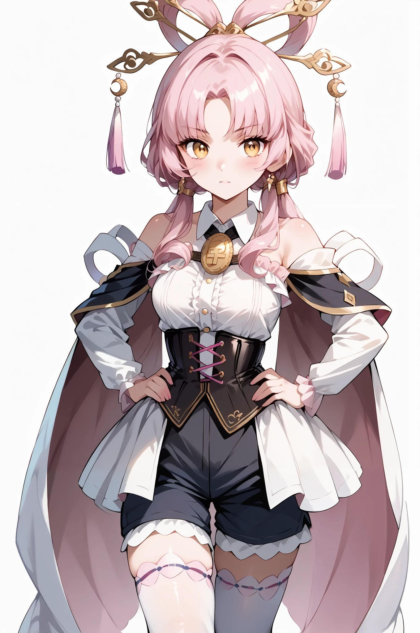 score_9, score_8_up, score_7_up, source_anime, 4K,perfect fingers,(perfect hands, perfect anatomy),prefect lighting, very aesthetic, intricate details,highly detailed background, masterpiece, high quality, best quality,
1girl,solo,fu xuan, pink hair, yellow eyes, bare shoulders, parted bangs, twin tails, bow-shaped hair, low twintails,Large Breast,
wearing ((collared cape, long sleeves, shorts, white pantyhose, white shirt, corset, frilled sleeves, argyle legwear, )),,
((White plain background:1.5)) , looking at viewer, (perfect hands, perfect anatomy), fullbody,Stand up, ((((((pov from above))))), shy smiley face, smiles shyly, (((fashion show pose))), (((emphasized one armpit))),put her hands on own hips, model posing,