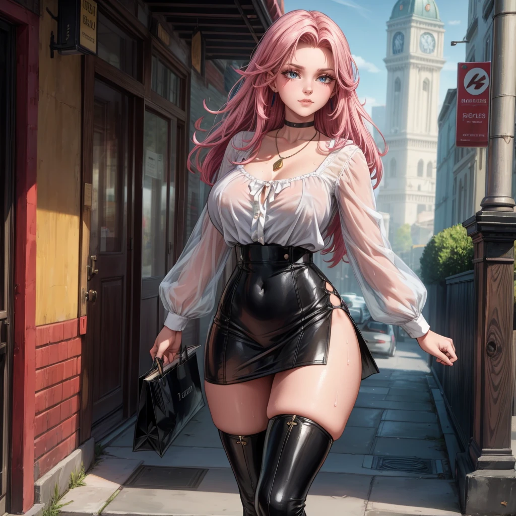 Masterpiece, beautiful art, 8k, art style by sciamano240, very detailed face, detailed hair, detailed clothes, detailed fabric, 1girl, beautiful face, long hair, hot pink hair , model head shot, facing camera, very detailed green eyes, sultry smile, wearing classy fall clothes, black dior thigh boots, black pencil skirt, walking , out shopping, necklace, chocker, rosey cheeks, sunny fall setting, full body view, photorealistic, indirect lighting, volumetric light, ray tracing, hyper-detailed, best quality, ultra-high resolution, HDR, (8k, Best Quality, Masterpiece:1.2), Ultra Detail, RAW Photo, Super Resolution, Professional Photo, Extremely Detailed and Beautiful, lot of drool, sweat, belly inflation