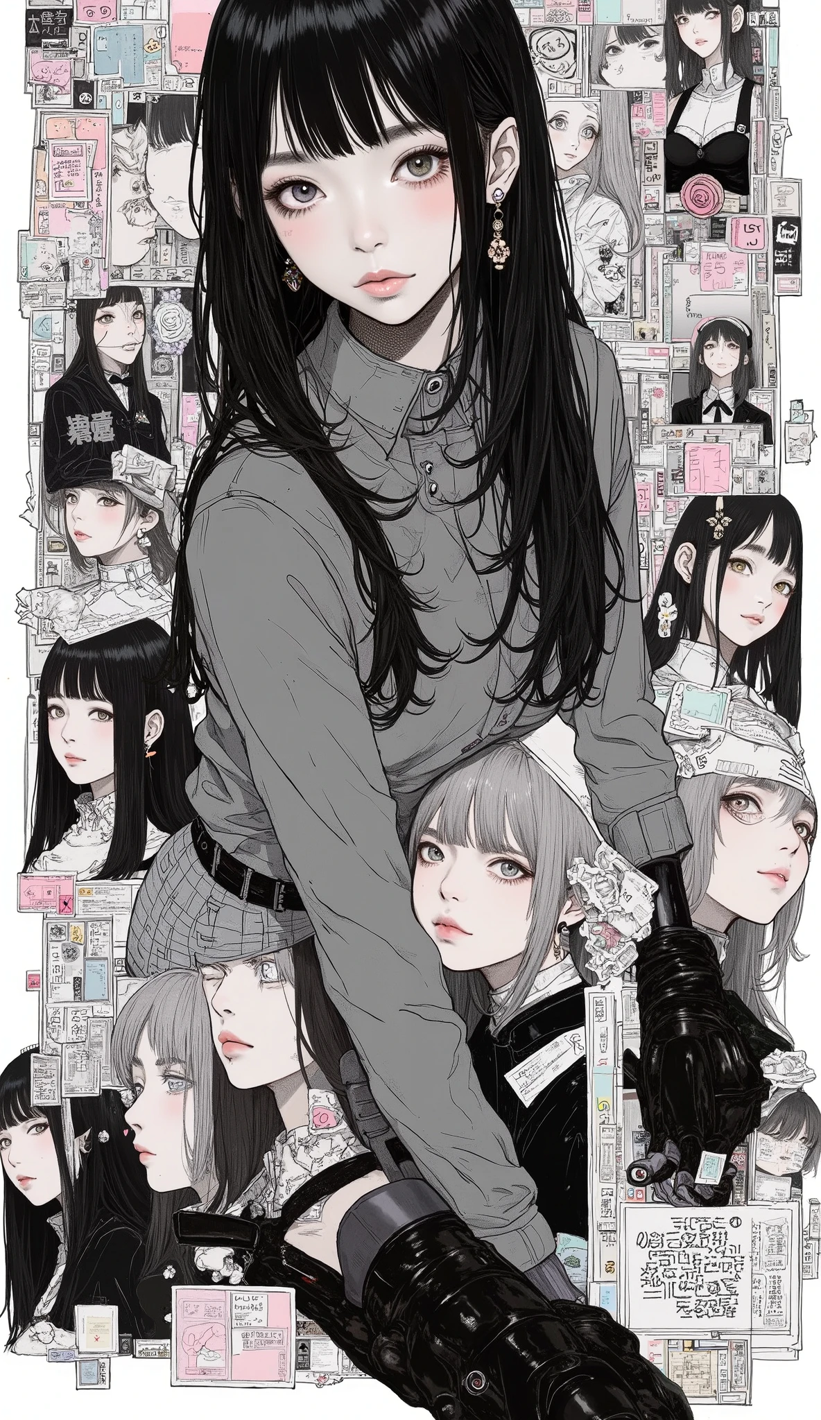 A collage summarizing Japanese manga、Taiyo Matsumoto 、 manga frame split、 comic cover、High school girl romantic comedy manga、 Bold Composition 、black and white、 screen tones 、