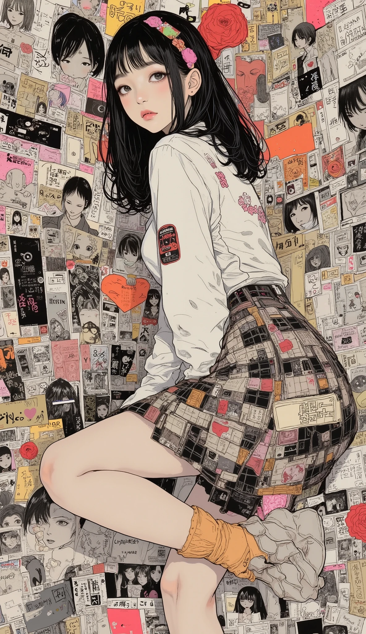 A collage summarizing Japanese manga、Taiyo Matsumoto 、 manga frame split、 comic cover、High school girl romantic comedy manga、 Bold Composition 、black and white、 screen tones 、