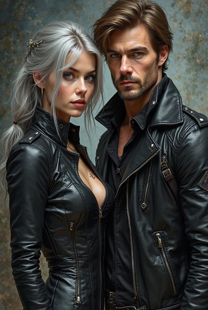 A muscular and sensual young wild and rebellious afro black werewolf, with bright red eyes, all bald and with a goatee wearing a leather biker jacket, stopped, through a small town in the interior of the country at night with a young beautiful blonde woman in sensual uniform standing next to him very well armed with a mischievous smile being tightly hugged from behind by him with the motorcycle in the background