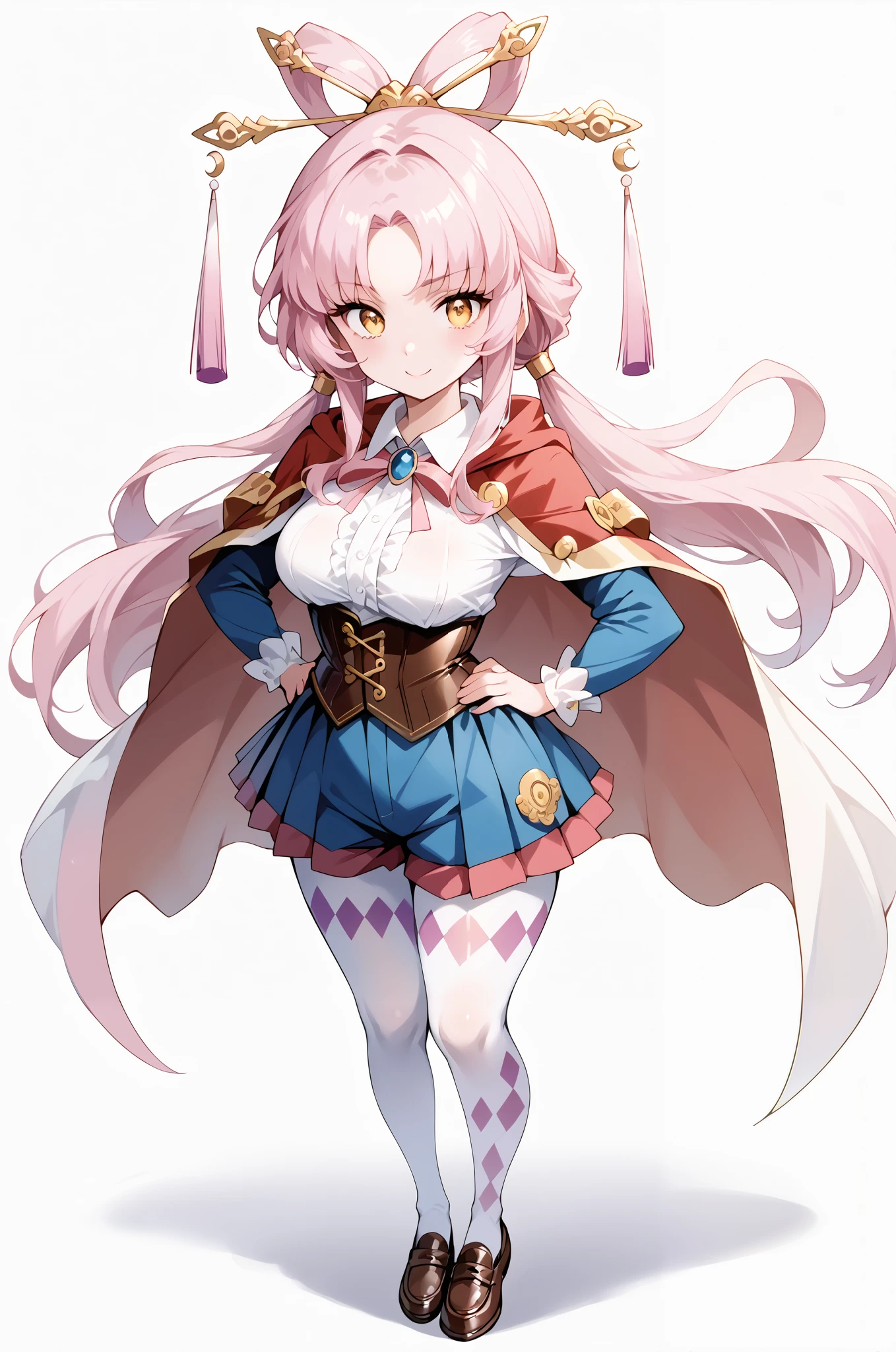 score_9, score_8_up, score_7_up, source_anime, 4K,perfect fingers,(perfect hands, perfect anatomy),prefect lighting, very aesthetic, intricate details,highly detailed background, masterpiece, high quality, best quality,
1girl,solo,fu xuan, pink hair, yellow eyes, bare shoulders, parted bangs, twin tails, bow-shaped hair, low twintails,Large Breast,
wearing ((collared cape, long sleeves, shorts, white pantyhose, white shirt, corset, frilled sleeves, argyle legwear, loafers, )),,
((White plain background:1.5)) , looking at viewer, (perfect hands, perfect anatomy), fullbody,Stand up, ((((((pov from above))))), shy smiley face, smiles shyly, (((fashion show pose))), (((emphasized one armpit))),put her hands on own hips, model posing,