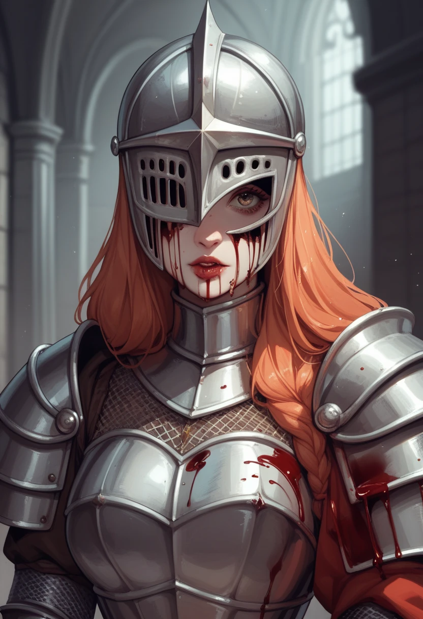 icon with a heart, sword and blood, sexy warrior girl in full armor (art inspired by Bill Sienkiewicz). oil painting)