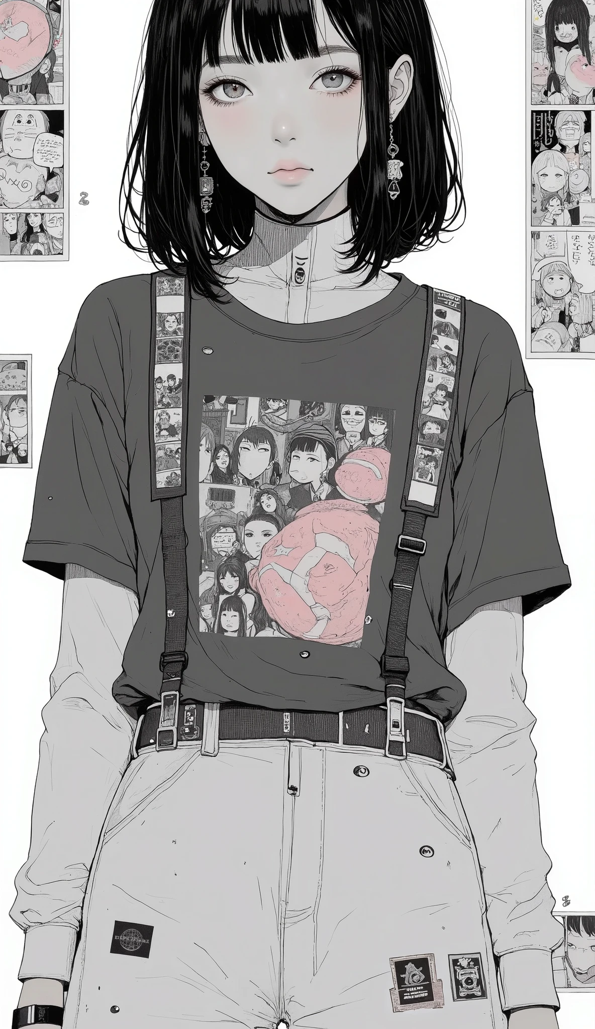 A collage summarizing Japanese manga、Taiyo Matsumoto 、 manga frame split、 comic cover、high school girl volleyball manga、black hair shortcut、full bangs、 Bold Composition 、black and white、 screen tones 、
