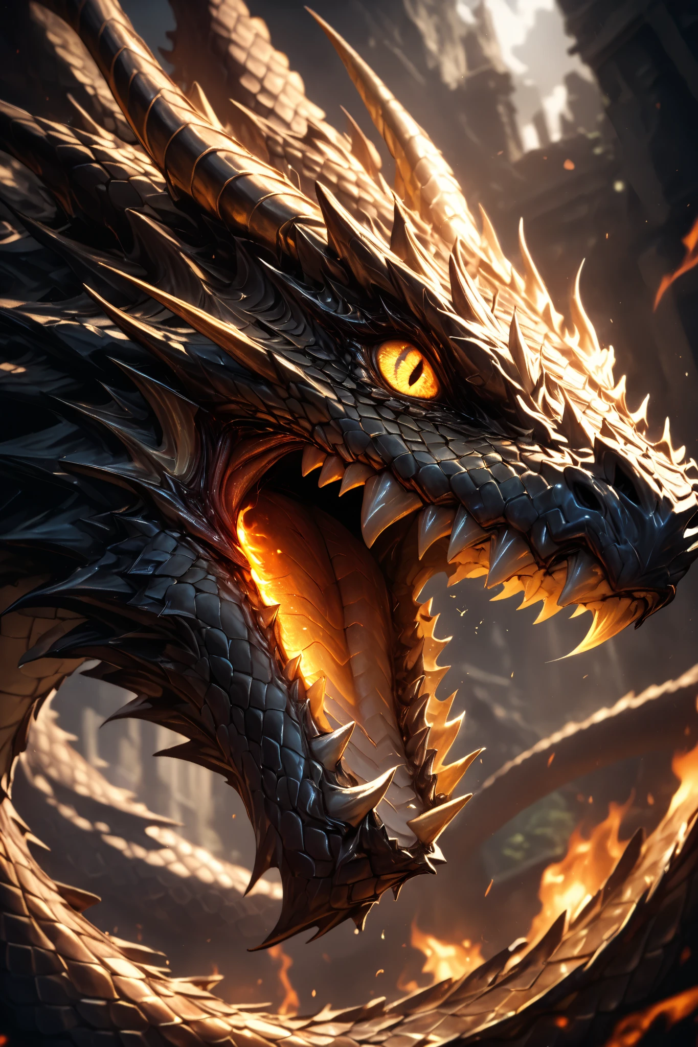 masterpiece,best quality,8k,デジタルアート,Dragon profile,((close-up dragon's eye:1.5)),the eye looks viewers,from below,very angry expression of dragon's eye,open mouth,fire came out from the mouth,(snake scale skin and texture),[[[rusted gold plates]]],fantasy world,dramatic light,strong contrast