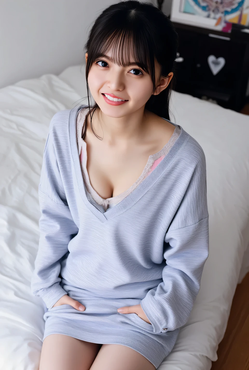 She looks 16 but、A Japanese girl with a cute face like a 20-year-old idol Gentle and cute bed Smiling in pajamas Cleavage A cute miniature dachshund peeks out from inside her pajamas.. RAW Photos Genuine Real Stick、realism、Raw photo、Life sofa Do not display copyright