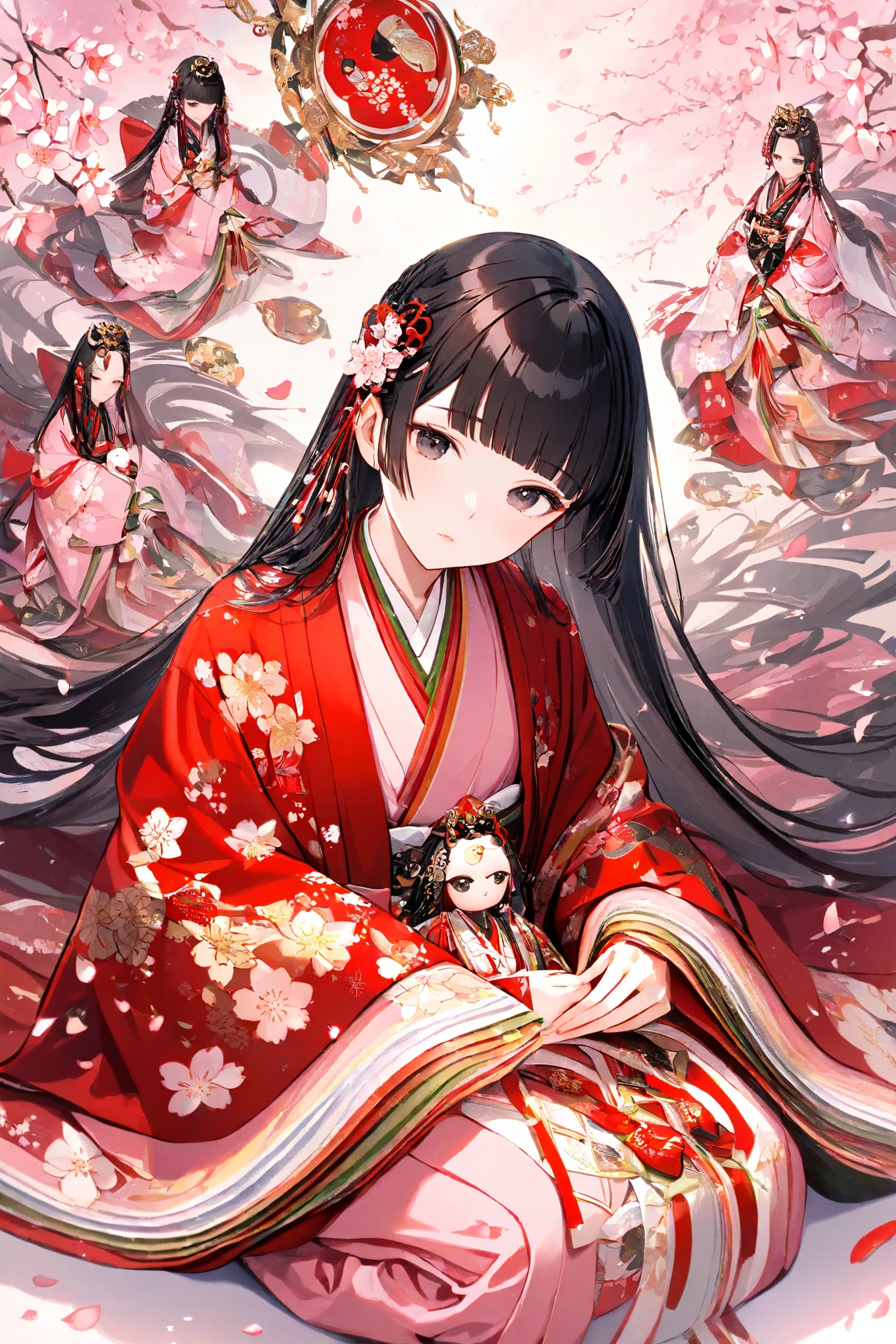 (masterpiece:1.2), (best quality:1.2), (very aesthetic:1.2), (absurdres:1.2), ultra-detailed,extremely detailed,beautiful,extremely detailed CG,ultra detailed background, 8k,16k,perfect hair, perfect fingers,
BREAK, (traditional Japanese Hina dolls:1.5),
(solo),beautiful,expressionless, mouth closed, (blunt bangs), black hair,long hair, blunt ends,((forehead)), black eyes,(pink kimono with floral pattern),((dark red haori with floral pattern)),smiling,((peach blossom)),full body, seiza
BREAK,((white background)),flat style,spring atmosphere,pink pastel colors,(Hinamatsuri:1.5),
, peach blossom,red carpet,peach blossoms petals,((small juni hitoe dolls background)),dynamic angle, hirabitai,