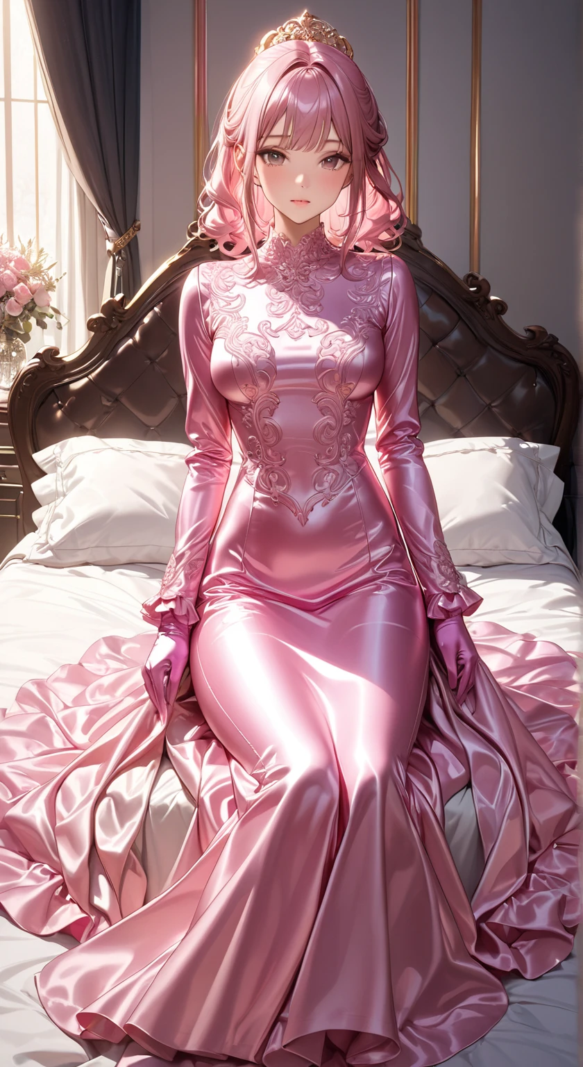 blond asian victorian maid in wide magenta Latex Gown, neckline, show the whole body, lying in bed, red lips, white apron, voluminous skirt, with black latex gloves, many ruffles, puff sleeve, show titts, overkneehigh latex boots,, Picture from head to toe, The whole dress touches the floor,