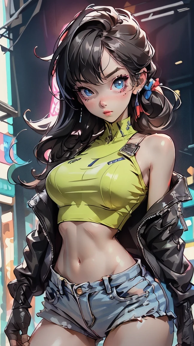 (photorealistic:1.8, highest quality:1.8,8K masterpiece:1.8,High resolution,muste piece:1.8,RAW Photos,cinematic lighting),No split screen, cyber punk、Highway at night、rain-soaked ground、 (1 android girl:1.3)、Completely naked、Full body tattoo、choker、beautiful breasts、T-shirt、denim mini skirt、beautiful butt、beautiful thighs,plump nipples、Nipples are visible through the costume,cameltoe,Body painting with a pop design drawn all over the body、pop art design、cutting edge fashion、conceptual art、 Provocative sexy poses、look back、Spread your legs apart、spread your legs wide、 (Beautiful shining vermilion green-blue golden-white hair:1.5)、shining blue eyes、Shy Smile