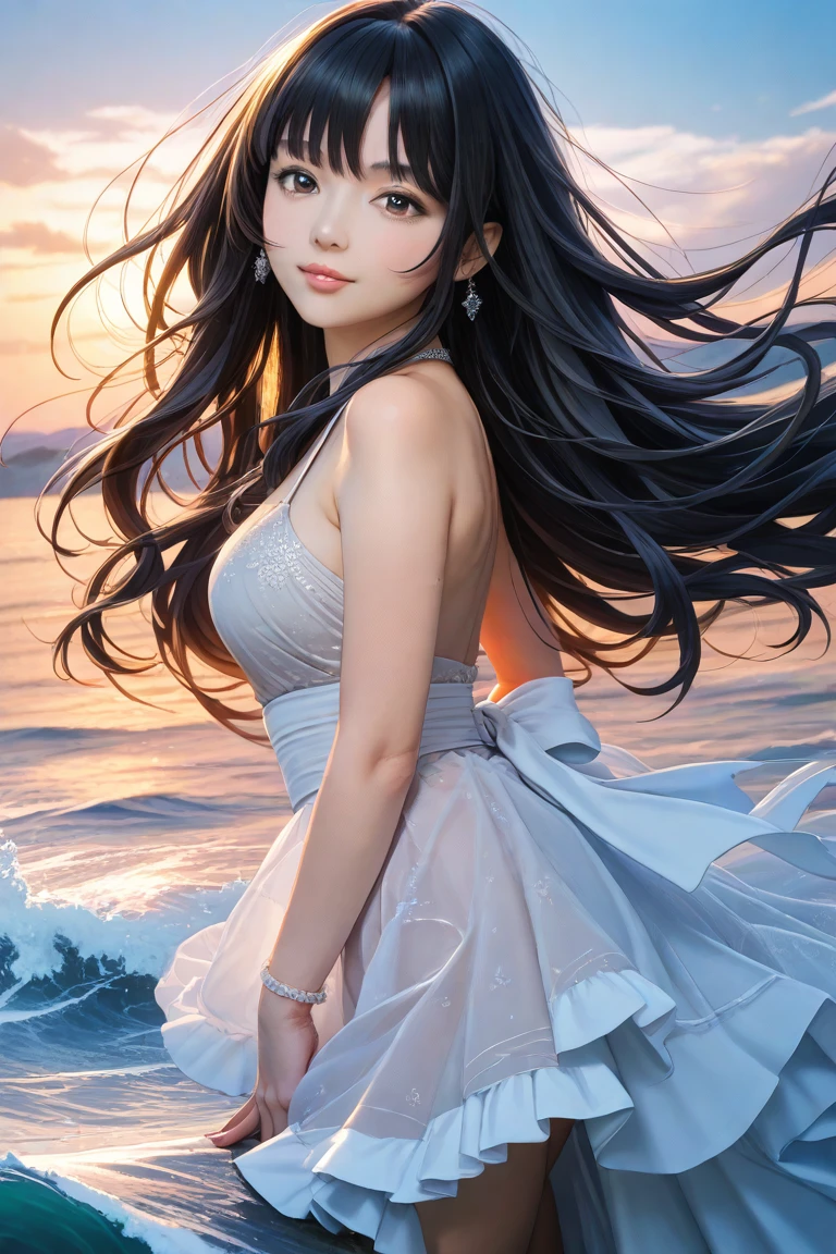8k, masterpiece, 1 girl, Beautiful Face, Very long hair, light makeup, Fine grain, Detailed lips, Small person, (Beautifully designed dress:1.4), (Wearing Jewelry), 加工Big Breasts、Big Breasts、On the beach with beautiful sea, sunset, evening, Blowing Wind, Random hairstyle、hair ornaments、Looking at the camera and smiling、cute、Baby Face、Japanese、Very delicately designed clothes、Golden Eyes