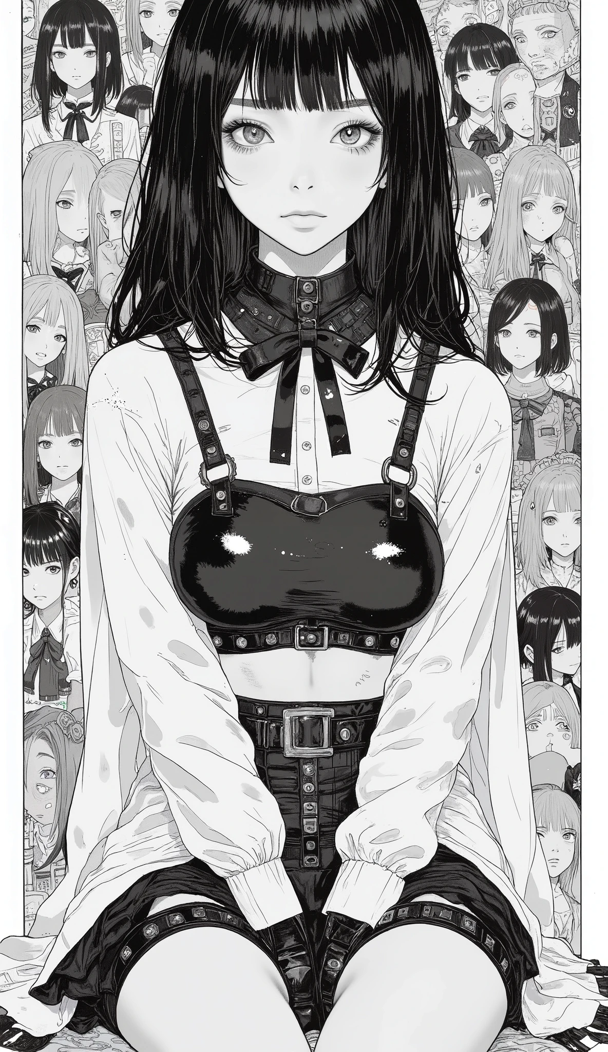 A collage summarizing Japanese manga、Taiyo Matsumoto 、 manga frame split、 comic cover、High School Girl Wrestling Manga、 pro wrestling uniform 、black hair shortcut、full bangs、 Bold Composition 、black and white、 screen tones 、