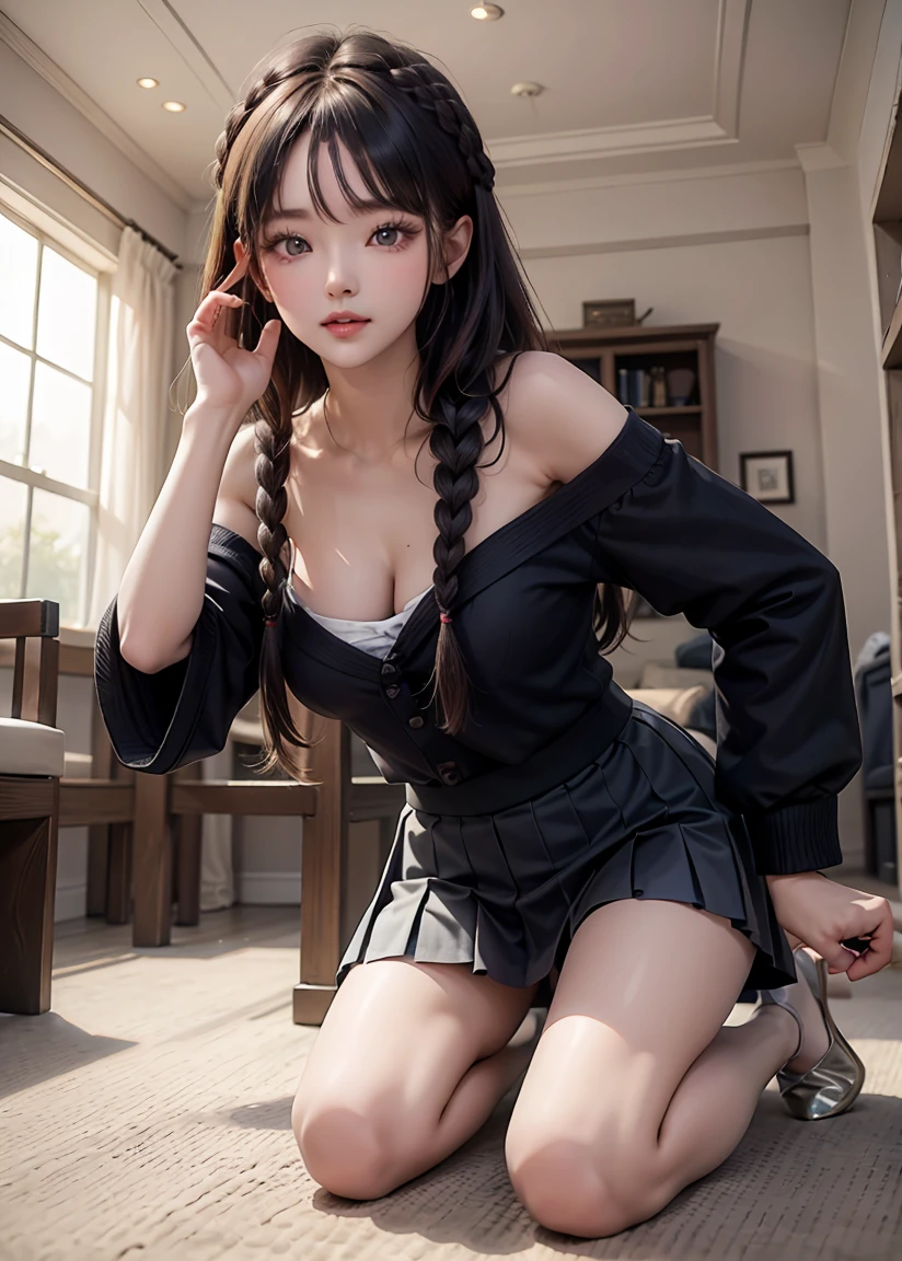 (UHigh resolution, retina, masterpiece, Accurate, Anatomically correct, Textured skin, Super Detail, Attention to detail, high quality, 最high quality, High resolution, 1080P, High resolution, 4K, 8k, 16K), (美しいAttention to detail目, Beautiful lip detail, Highly detailed eyes and face), Soft lighting, Physically Based Rendering, Vibrant colors, (((uniform))), (A cute girl wearing cat ears headband and a school uniform, sitting on a desk in a classroom,高校のuniform), (Glowing Skin, blush), (Wide angle), Eye Reflexes, (Staring at the audience),(Thighs,whole body,艶やかなThighs)(Detailed chest,Detailed nipples,Detailed genitals,Open your legs)