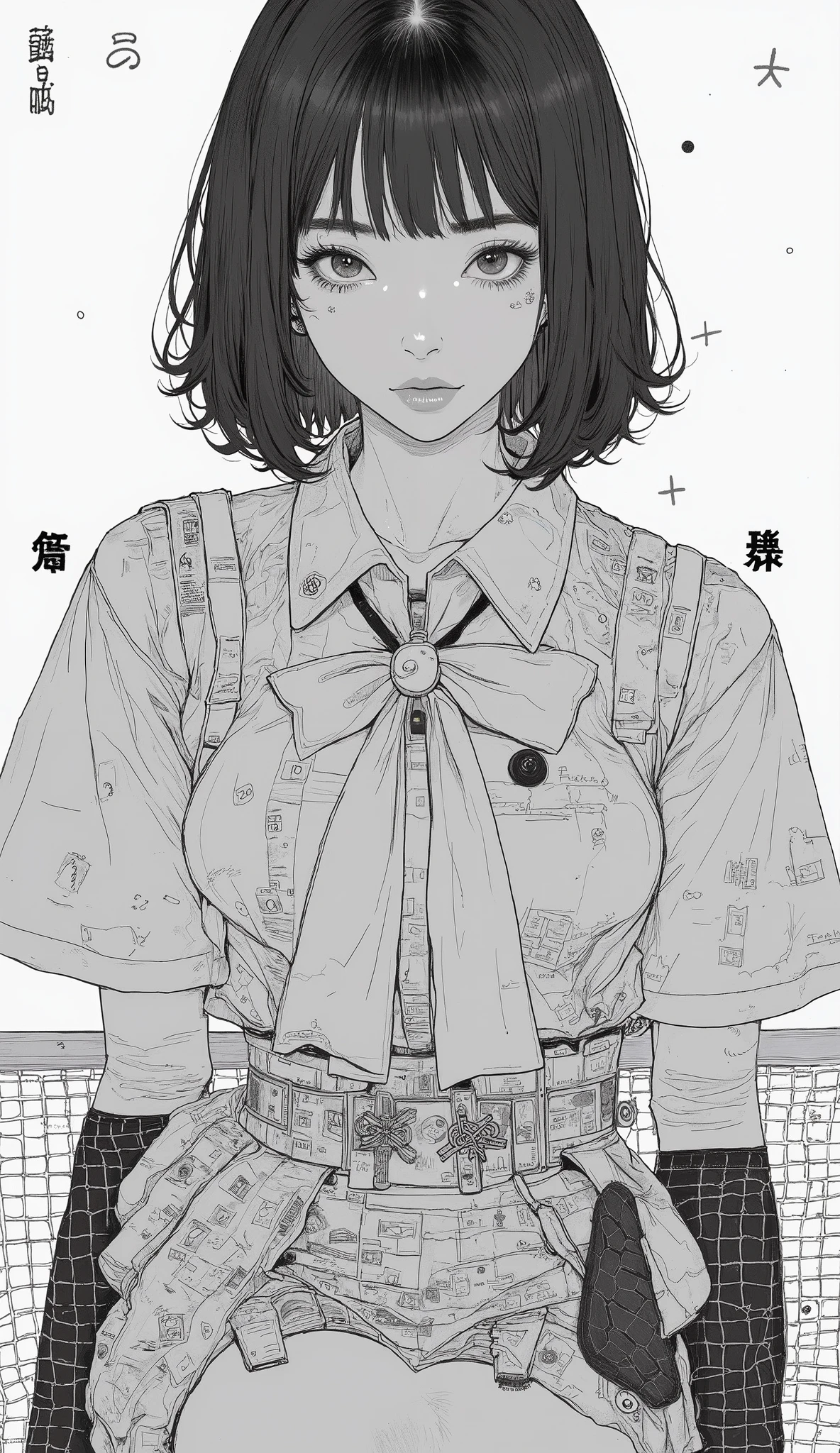 Japanese Manga Collage、Taiyo Matsumoto 、 manga frame split、 comic cover、short hair、High School Girl Table Tennis Manga、 table tennis uniform that swings big、black hair shortcut、full bangs、 Bold Composition 、black and white、 screen tones 、