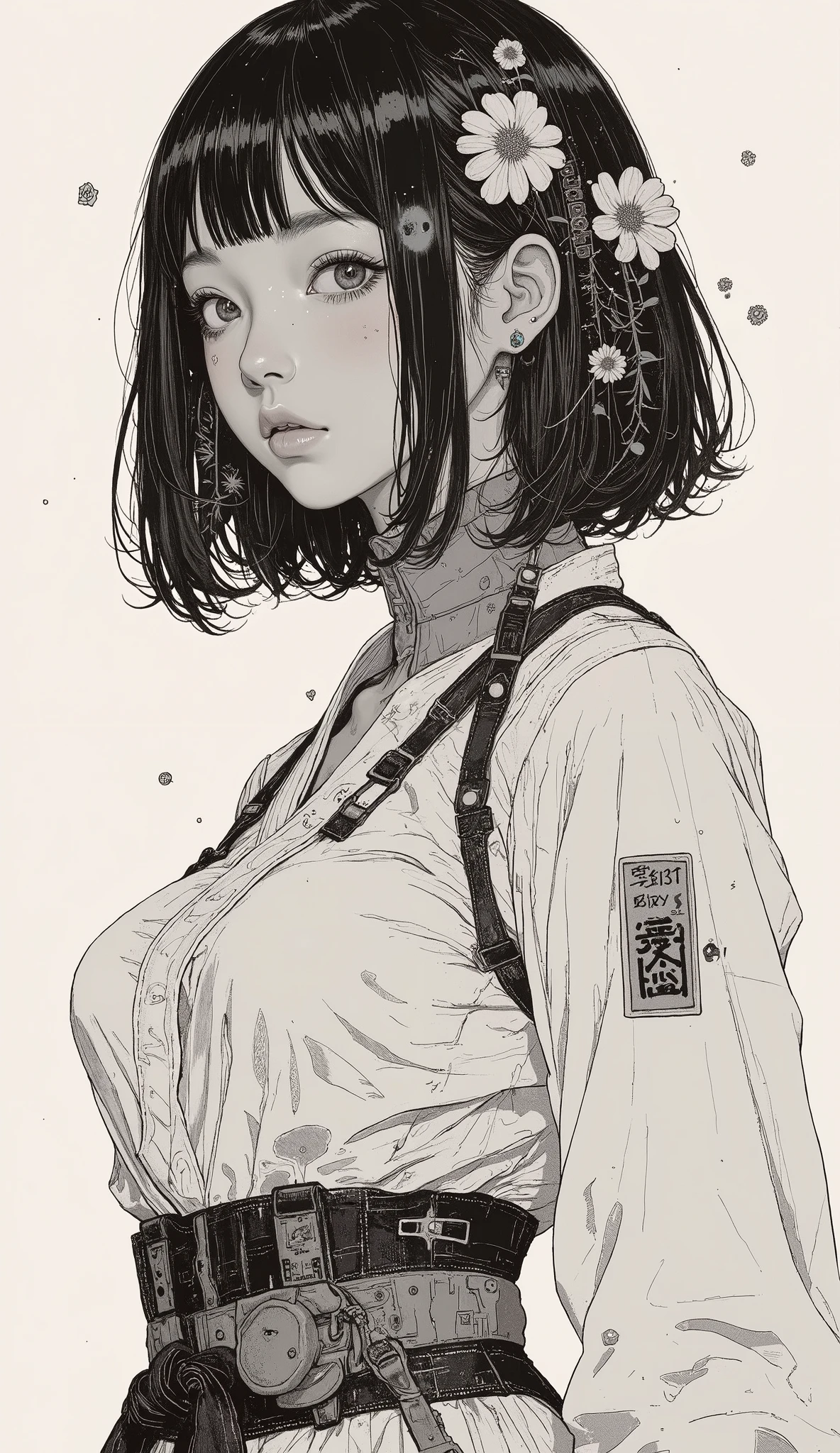 Japanese Manga Collage、Taiyo Matsumoto 、 manga frame split、 comic cover、short hair、High school girl fighting manga、 karate uniform、black hair shortcut、full bangs、 Bold Composition 、black and white、 screen tones 、