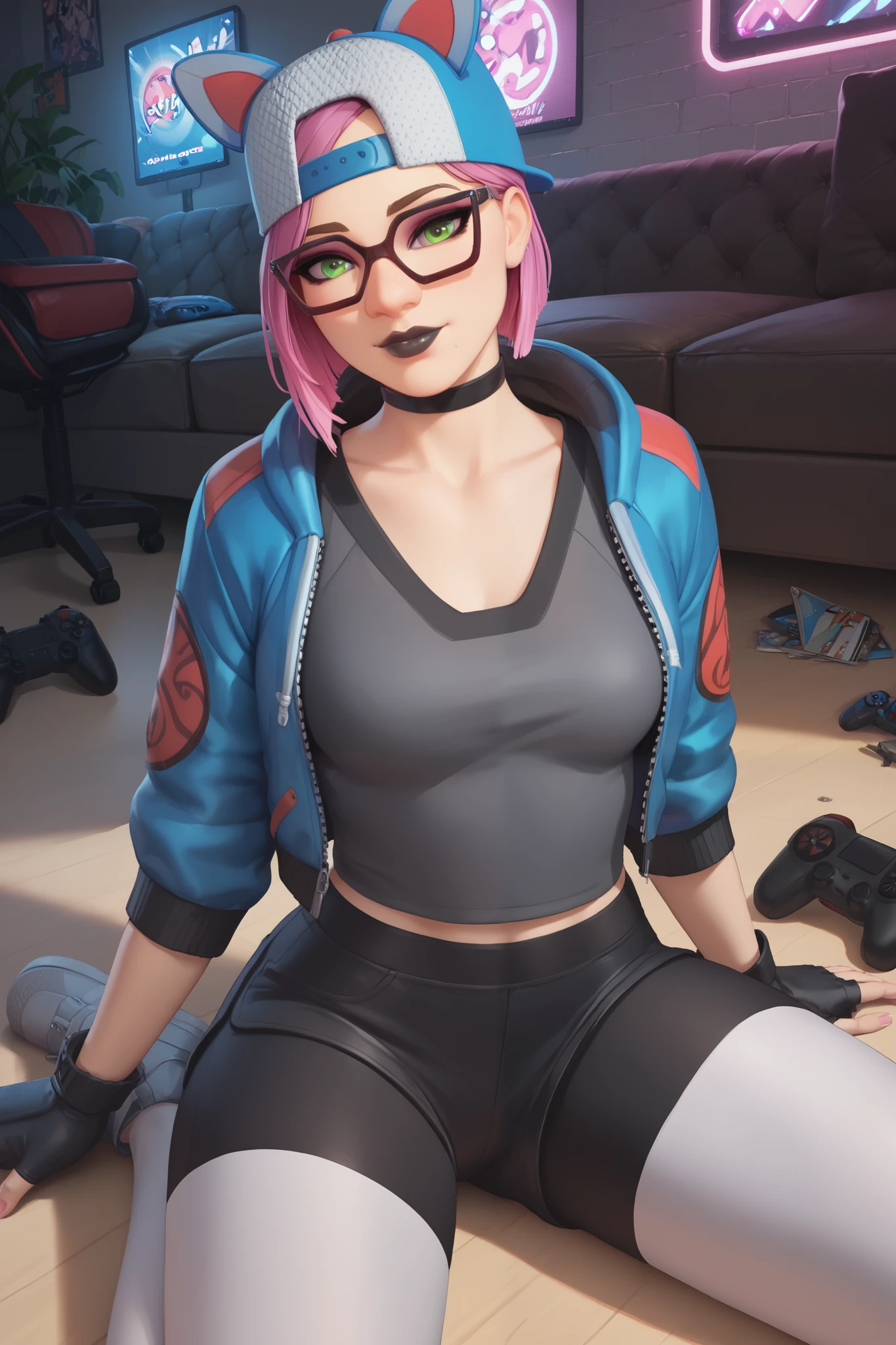 girl (Masterpiece),choker ,black lips,cap,fingerless gloves,evening (alone )loose V-neck gray T-shirt,blue jacket (black shorts with white leggings)tight lycra shorts, gaming,gamer room, with neon light ,beautiful green eyes, short pink hair, glasses,sitting on the floor, taking off his shorts

