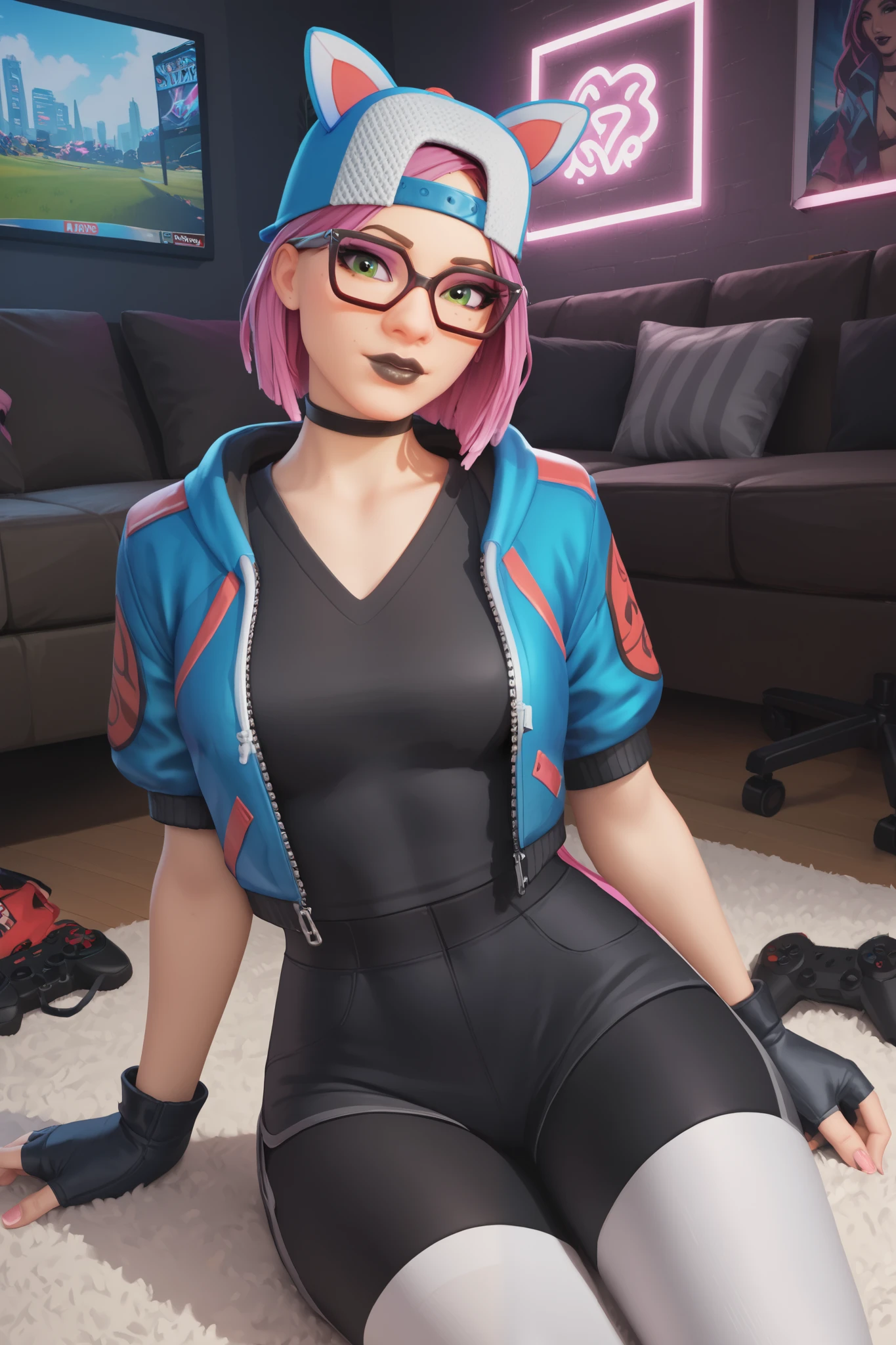girl (Masterpiece),choker ,black lips,cap,fingerless gloves,evening (alone )loose V-neck gray T-shirt,blue jacket (black shorts with white leggings)tight lycra shorts, gaming,gamer room, with neon light ,beautiful green eyes, short pink hair, glasses,sitting on the floor, taking off his shorts