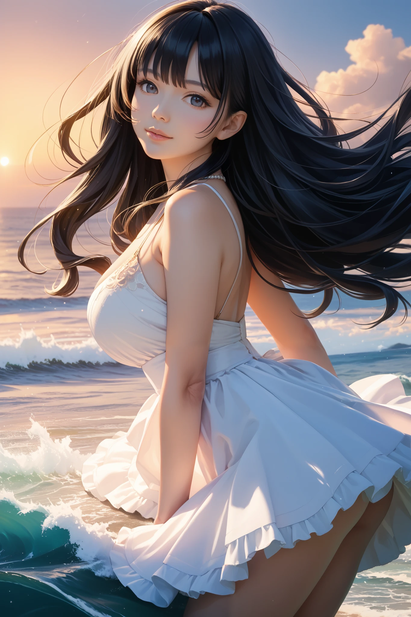 (masterpiece, Best quality), ((1 girl, One, long hair)), Ishmael_limbo, expression of innocence, Bare hands, bare shoulders, Bare neck, watercolor, sundress, liquid clothing, water, waves, water dress, BLUE_Topic, night, fog, Dark, Sharp Focus, sea, A transparent dress, orange hair