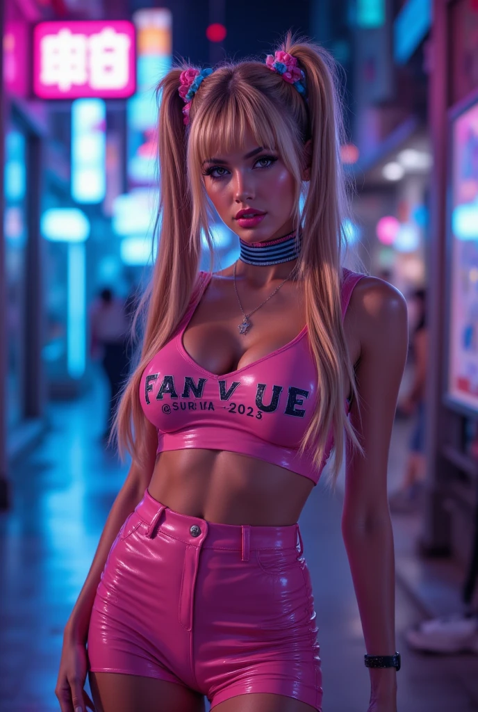 Blonde woman in futuristic outfit poses in front of neon lights, dreamy cyberpunk girl, cyberpunk with neon lighting, full body, bright cyberpunk glow, cyber punk style, cyberpunk photo, in cyberpunk aesthetic, cyberpunk lighting, cyberpunk bodysuit, Cybernetics glows, white cyborg fashion shot, cyberpunk atmosphere, in a cyberpunk setting, muted cyberpunk style, cables on her body, realistic