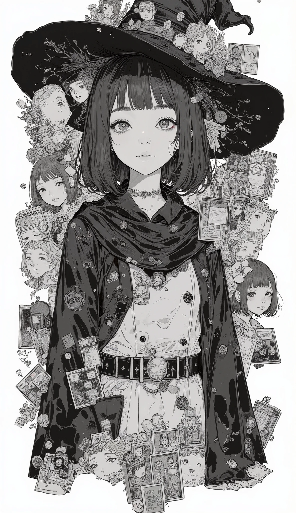 Japanese Manga Collage、Taiyo Matsumoto 、 manga frame split、 comic cover、short hair、High School Girl Magical Manga、Wizard's Uniform、black hair shortcut、full bangs、 Bold Composition 、black and white、 screen tones 、