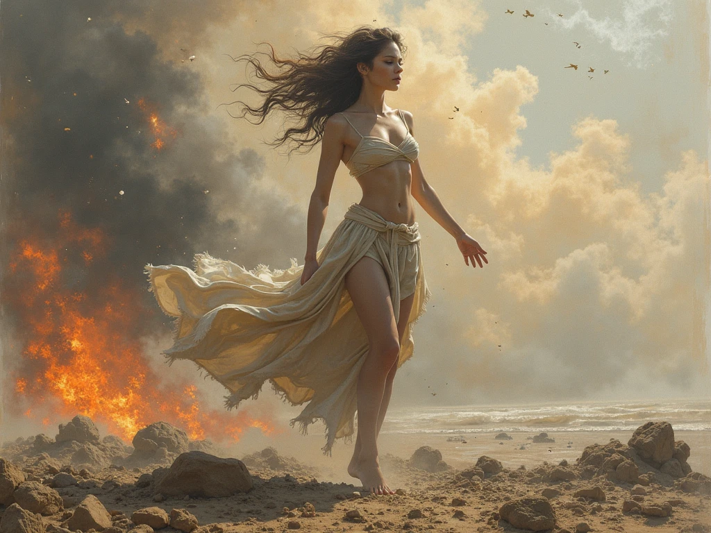 realistic photo of a tall angel with closed wings in the raging sea, sky with lots of clouds and fireballs