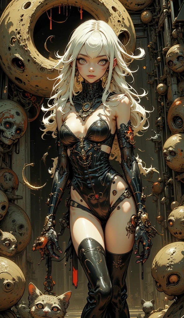(megan fox), Lady Death, female bodybuilder physique, seductive face, seductive look, (black silk leotard & thigh highs), long white hair, perfect muscular body, long thin legs, white eyes & skin, muscular bulging pecs, (huge muscular shoulders:1.45), (torso shot), (blank background:1.25), MeganF_SoloTI_v1