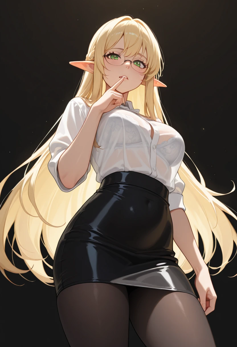 High resolution, Very detailed, perfect lighting, beautiful detailed eyes,   ((masterpiece,Best Quality)), absurdities, alone,     princess zelda, by the width, crown braid, Hair clip, pointy ears, tight white shirt, Gloves without fingers, black gloves,  short tight black skirt, smile, curves, nod,   ,  deep neckline, deep neckline, NSFW, visible nipples, visible nipples , touching his chest in a sexy way, touching his chest in a sexy way, sexy secretary dress, sexy secretary dress, Primer plano frontal, glasses