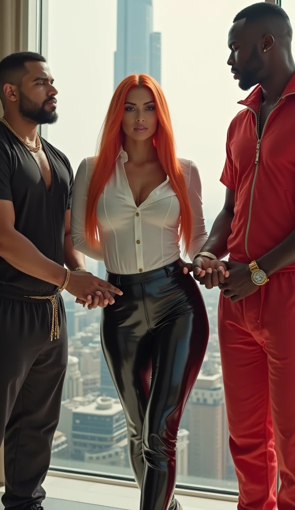 women,brown skin,black long hair, dark brown eyes, white tight bodysuit, big breast, white Trousers,standing on a meadow, break men stand behind,break, men stannd on the side