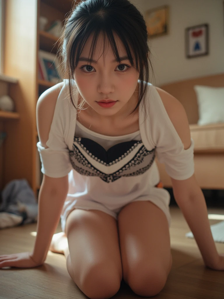 anime girl in a blue hat and black shorts lies on a bed, cute anime girl squatting, the anime girl is squatting, curving, seductive anime girl, 极其详细的Artgerm, Thick, lit from behind, (SFW) safe for work, Ilya Kuvshinov. 4K, highest rated on pixiv, Popular on pixiv