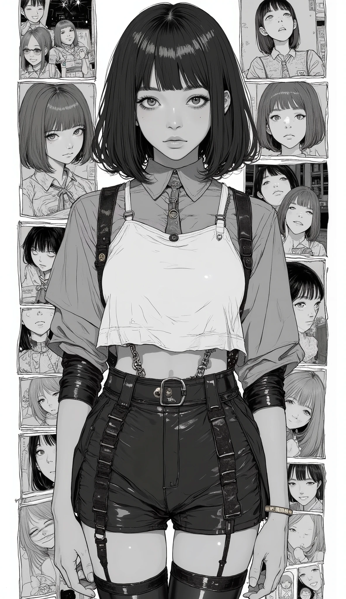 Japanese Manga Collage、Taiyo Matsumoto 、 manga frame split、 comic cover、short sauvage hair、High school girl boxing manga、boxing uniform 、black hair shortcut、full bangs、 Bold Composition 、black and white、 screen tones 、
