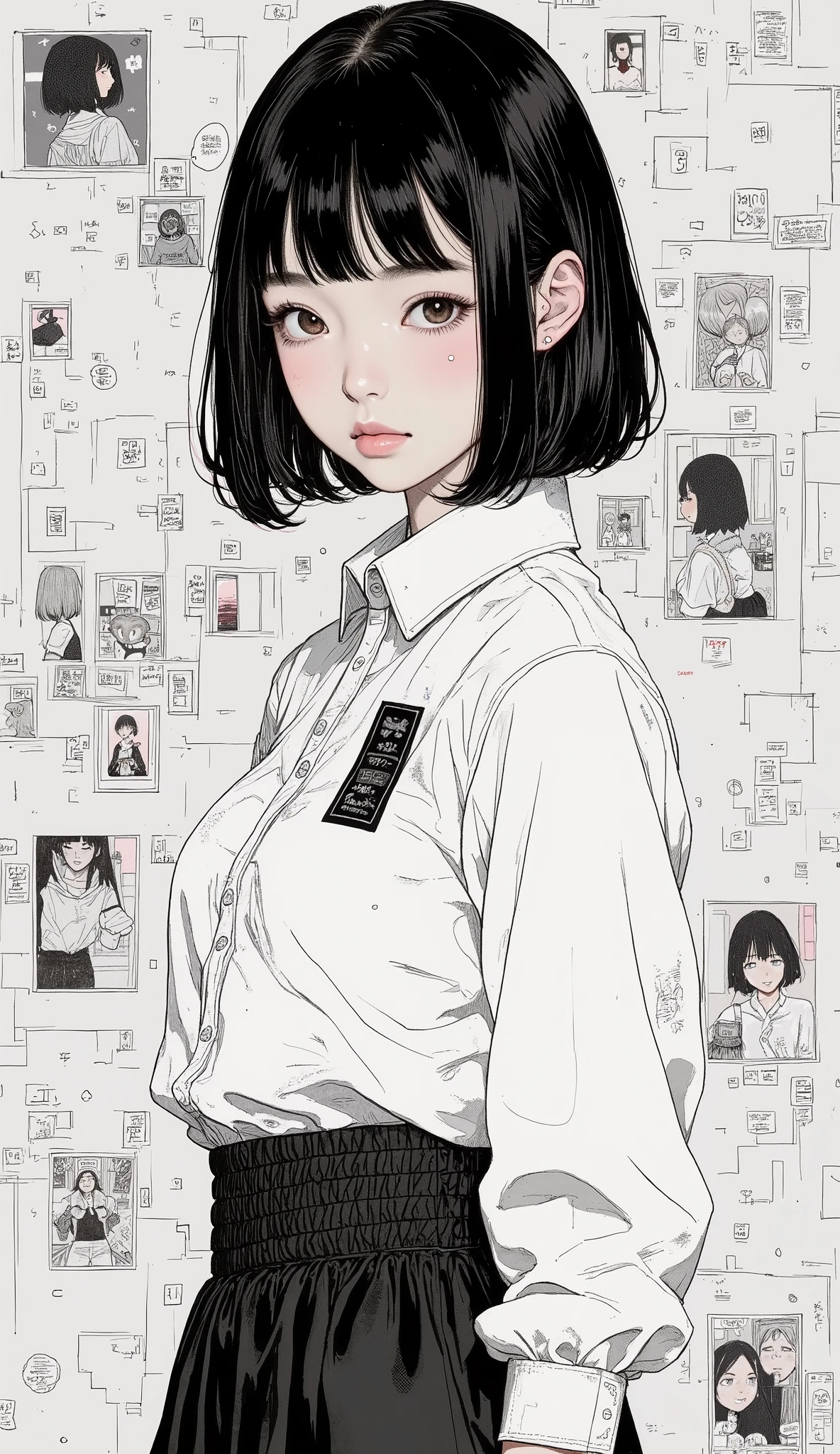 Japanese Manga Collage、Taiyo Matsumoto 、 manga frame split、 comic cover、short sauvage hair、High school girl boxing manga、boxing uniform 、black hair shortcut、full bangs、 Bold Composition 、black and white、 screen tones 、