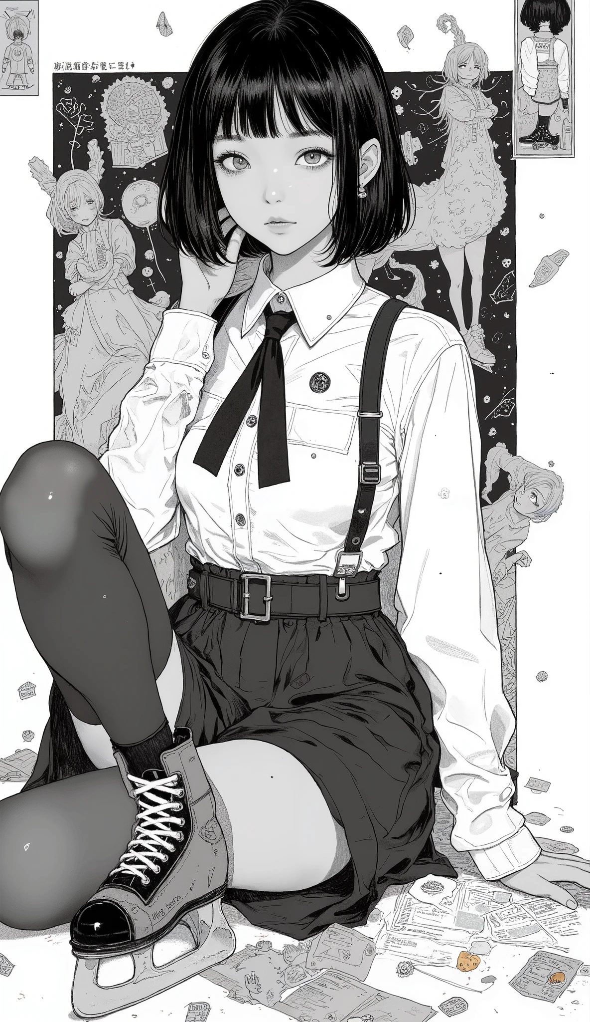 Japanese Manga Collage、Taiyo Matsumoto 、 manga frame split、 comic cover、short sauvage hair、High school girl ice skating manga、ice skating uniform、black hair shortcut、full bangs、 Bold Composition 、black and white、 screen tones 、