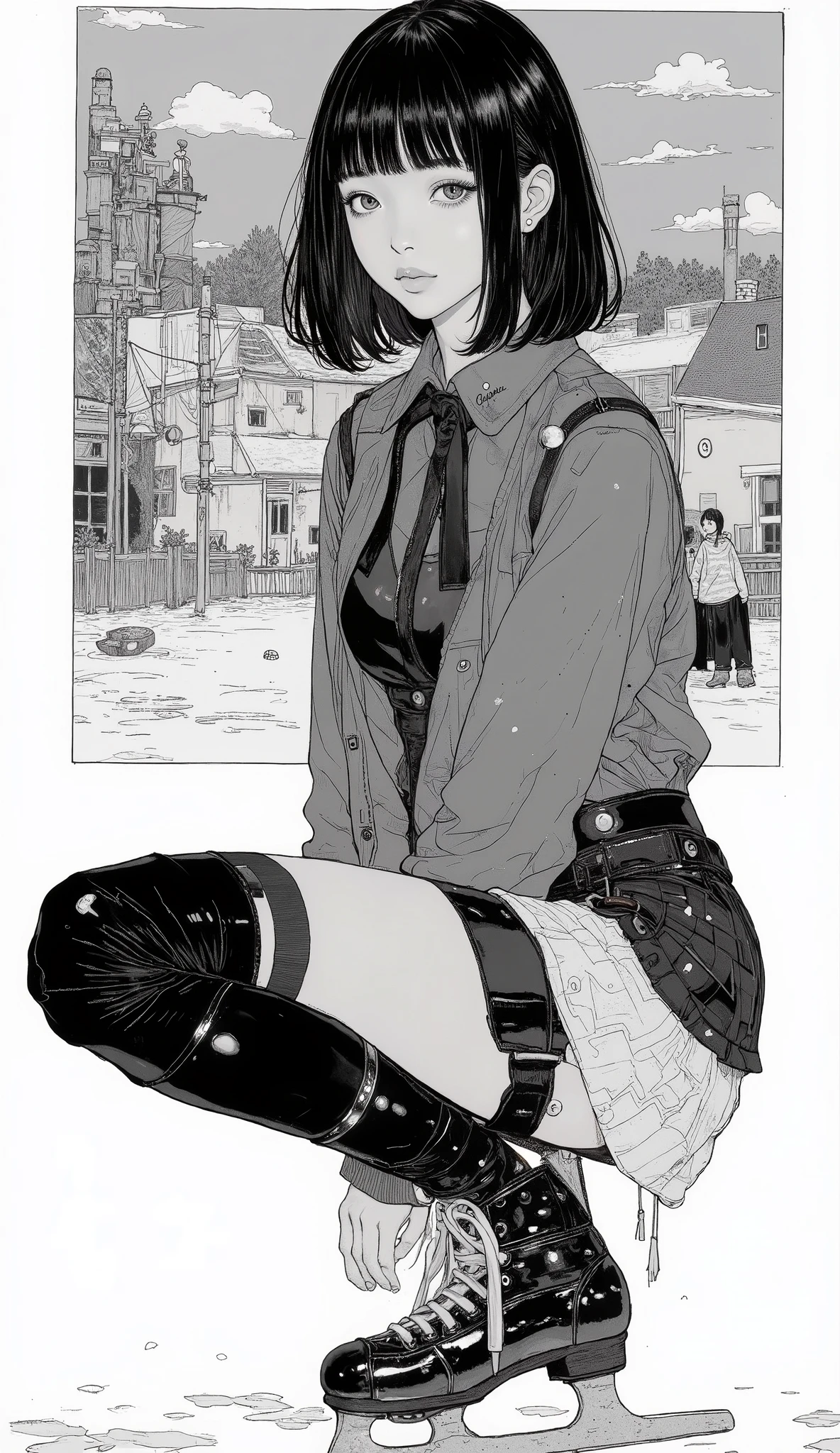 Japanese Manga Collage、Taiyo Matsumoto 、 manga frame split、 comic cover、short sauvage hair、High school girl ice skating manga、ice skating uniform、black hair shortcut、full bangs、 Bold Composition 、black and white、 screen tones 、