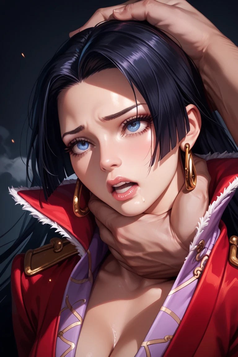 melhor qualidade, Red-eyed woman with long hair medium breasts top black medium belt black bright red eyes, cabelo preto, colar, pose fofa, black collar high black pants, frightened expression side pose, batom vermelho na boca, dentro de um navio, em alto mar, mar atras, Olhos vermelhos, cabelo longo pretos, olhos vermelhos brilhantes, pirata, navio de pirata, arqueologa colar, bracelete, usando oculos de arqueologa, boa hancok Cobra amarela pose sensual pose para foto nico robin cobra com escamas amarelas