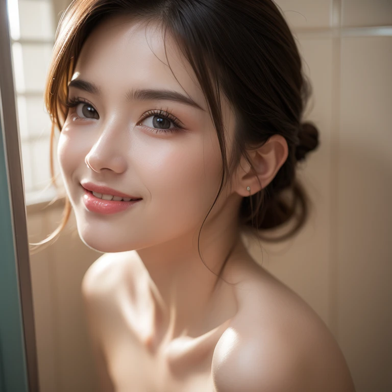 beautiful,K-POP idol,japanese idol,japanese actress,High resolution,beautiful skin,8K,RAW photo,highest quality,masterpiece,realistic,photo-realistic,clear,professional lighting,beautiful顔,highest quality,超High resolution,beautiful eyes,sexy,beautiful唇,white teeth,beautiful歯列,smile,Morning light,beautiful胸,shower room